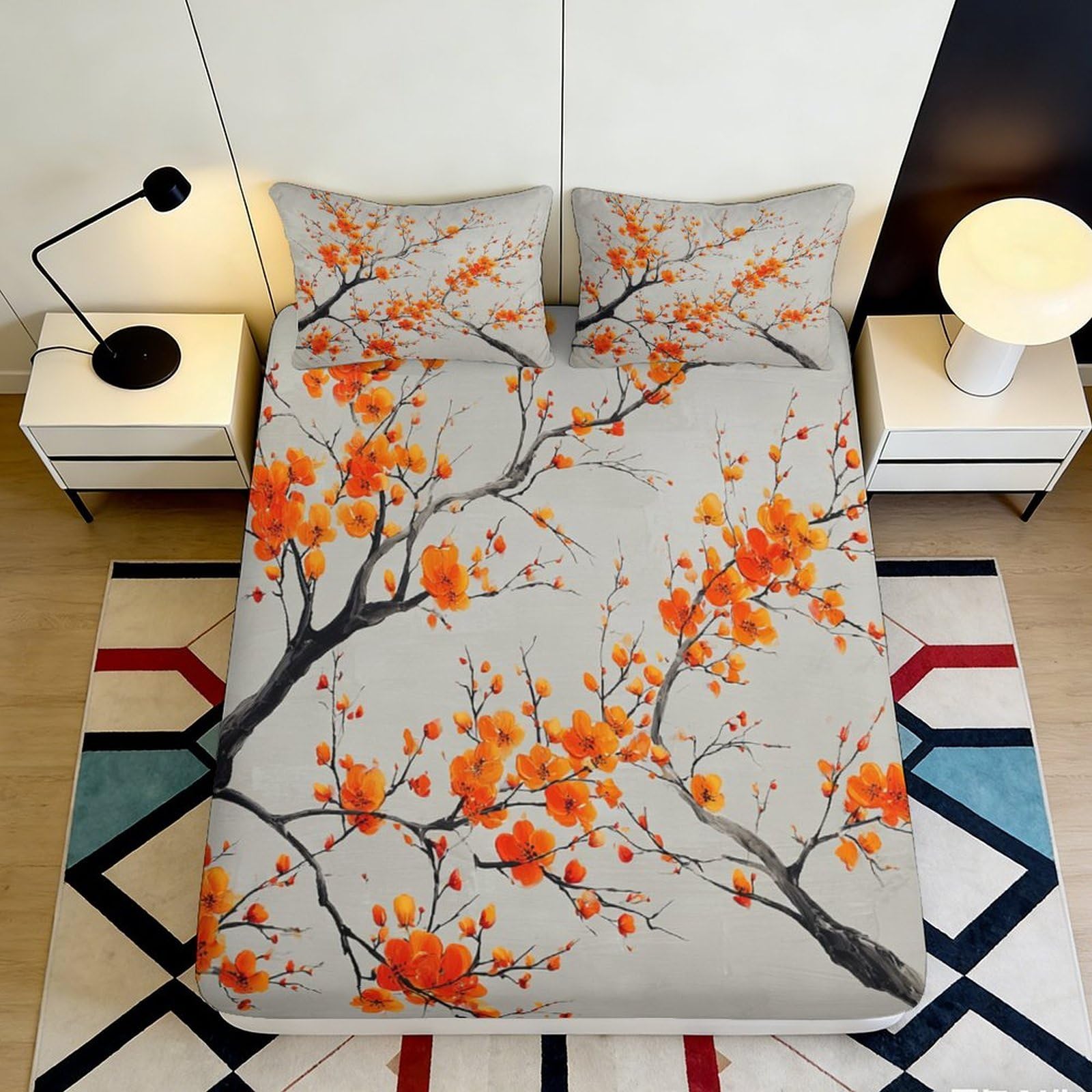 3D Printed Blossom Branch Fitted Sheet Microfiber Soft Orange Floral Bed Sheet for Bedroom Dorm Mattress Decor 90x200x25cm