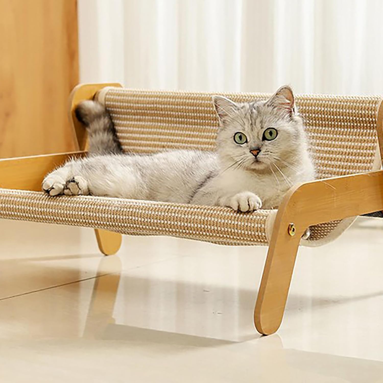 2-in-1 Claw Lounge Cat Hammock Chair, Natural Sisal Scratching Pad with Elevated Wooden Frame, Hammock for Scratching Pad, Sisal Cats Scratcher Bed, Wear-Resistant Scratching Pad Lounge Chairs (A)