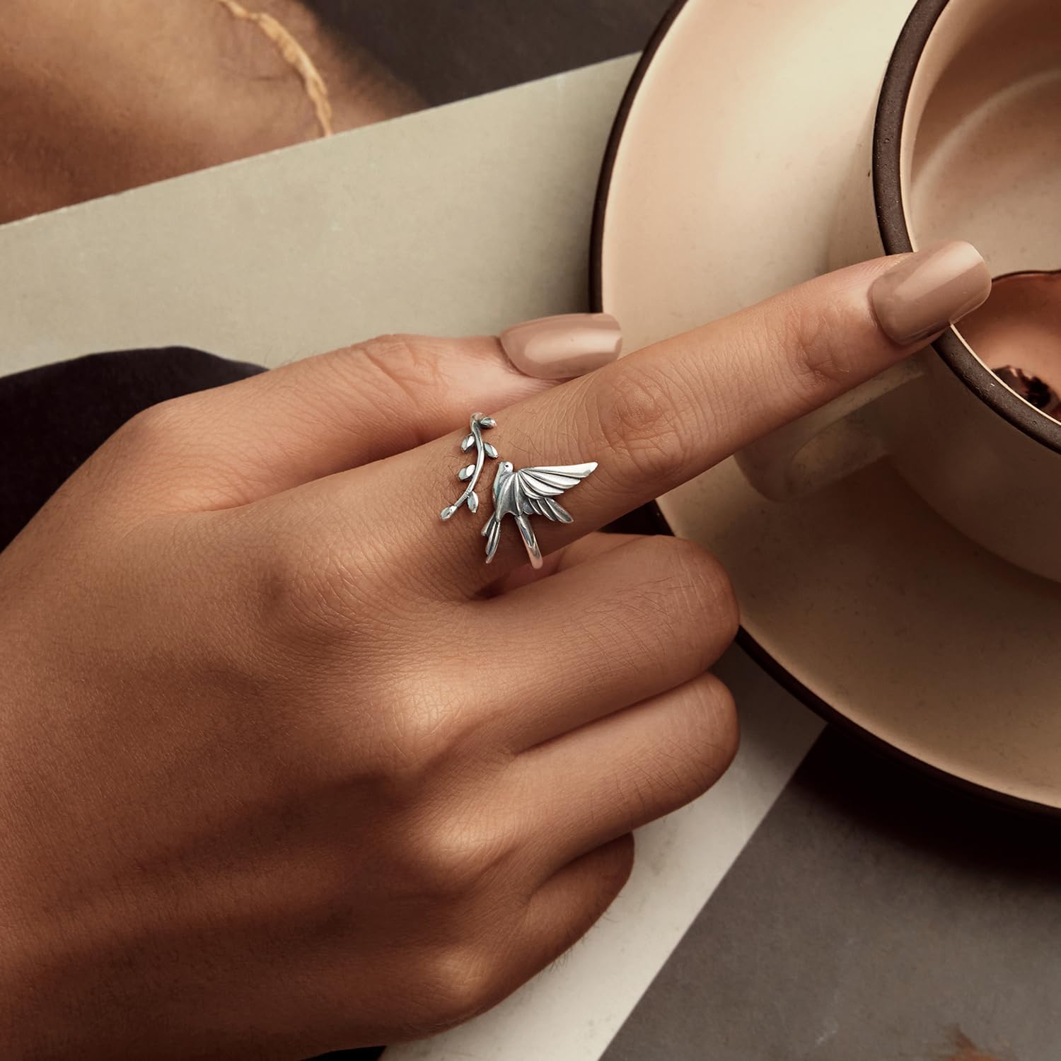 WOSTU Animal Open Adjustable Ring Playful Cat Dachshund Snake Koi Fish Hummingbird Bat Heart Feather Stacking Ring for Women, Sterling Silver Plated Pet Memorial Jewelry Gift for Cat Lovers - Image 4