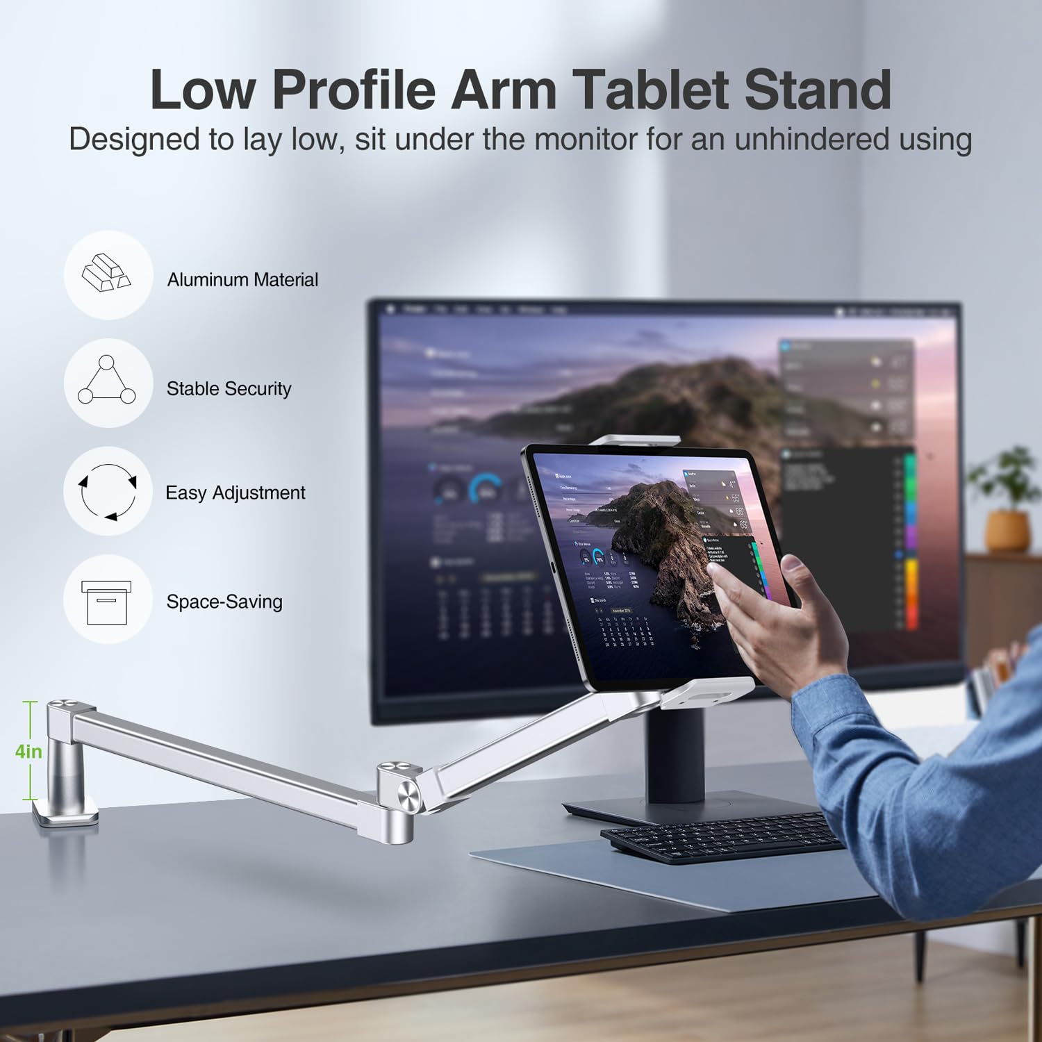 elitehood Soporte de escritorio para iPad de brazo largo de 28 pulgadas, soporte de brazo de aluminio resistente para escritorio, cama, sofá, compatible con iPad Pro 13/12.9 Air Mini, iPhone, monitor