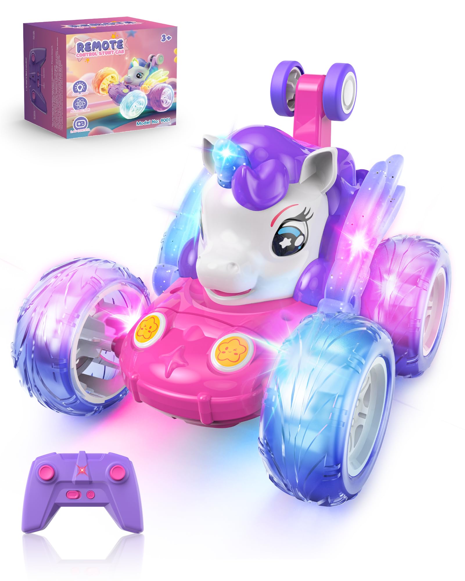 Kiztoys Unicorn Coche Teledirigido - Coches de Juguete para Niñas de 3 4 5 6 Años, Unicornio Teledirigidos Monster Truck con luz LED, Regalo de Juguete para Niñas 3+ Años