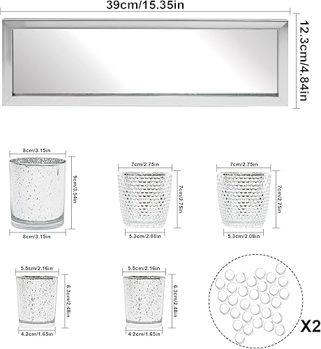 Miniatura 6 de Portavelas votivas, juego de 5 portavelas de cristal plateado con bandeja y guijarros transparentes, portavelas de Navidad de mercurio, portavelas