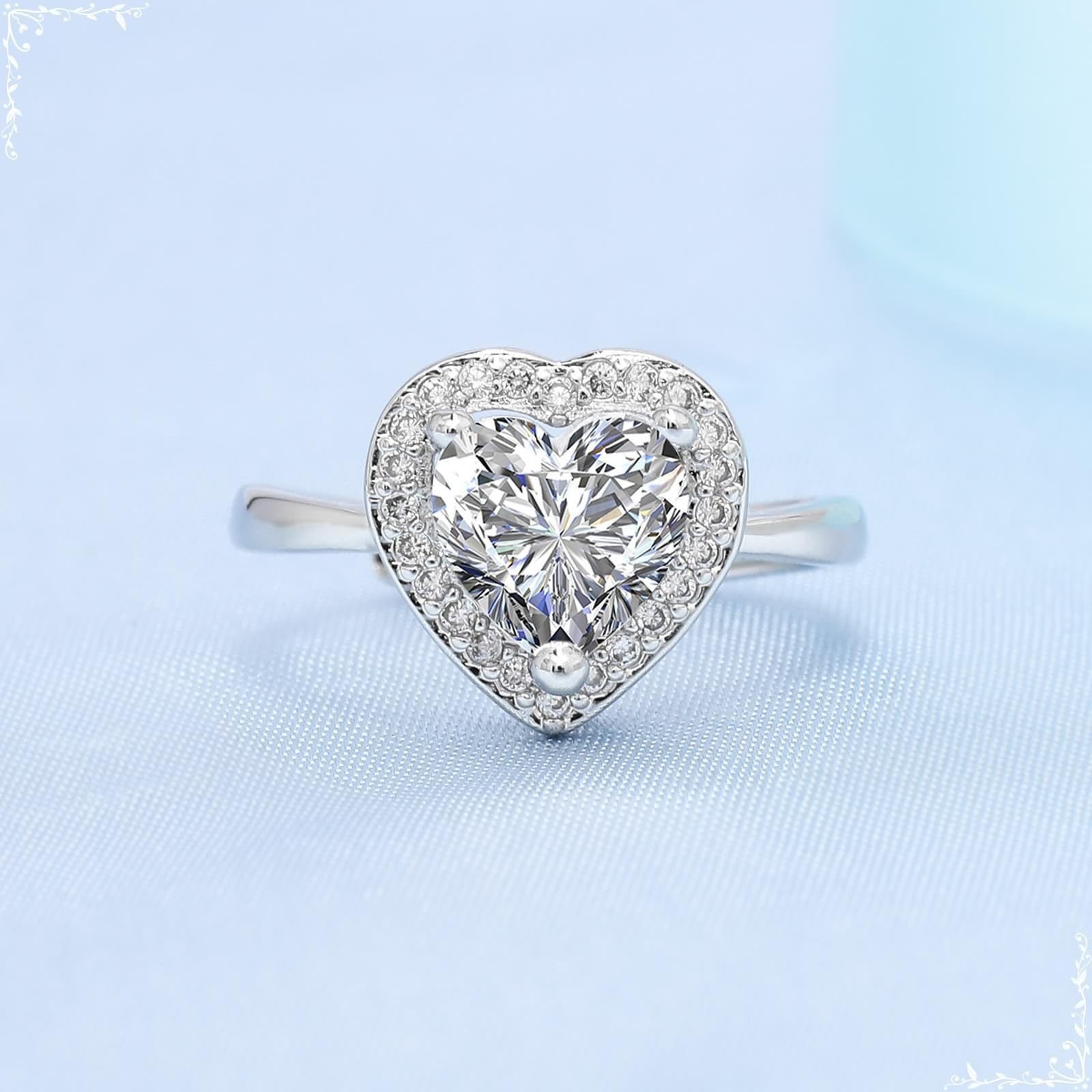 anillo de mujer, Anillo de oro blanco 9 quilates for mujer, anillo bodas ajustable doble corazón con moissanita
