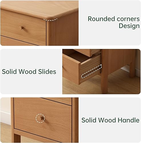 Miniatura 5 de Vadisun Mesita de noche de haya 100% FAS para dormitorio, moderna mesita de noche de madera con 2 cajones para espacios pequeños