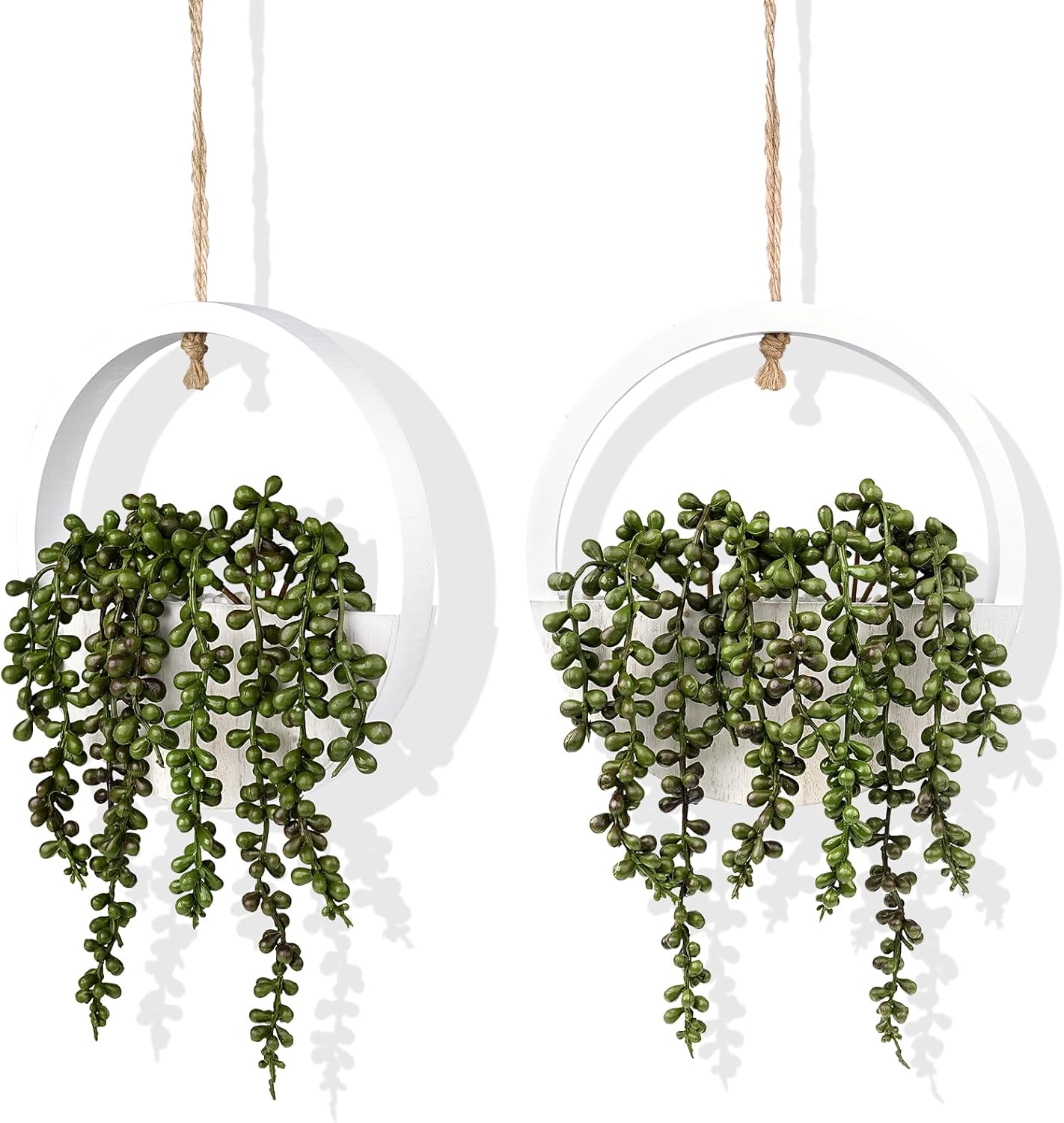 COM4SPORT 2PCS 12.2" Fake Hanging Plant, Succulent Wall Decor, Fake Plants Decor, String of Pearls in Pot with 8.3" Lanyard for House Indoor Outdoor Bedroom Wall Decor Aesthetic (White)