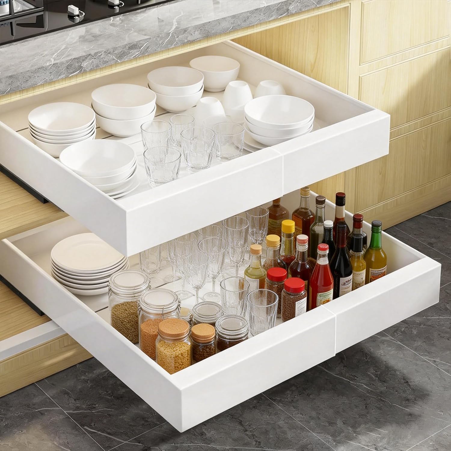 Photo 1 of 2-Pack Expandable Pull Out Cabinet Organizer 21" Deep with 3 Slide Rails, Adjustable Width (12"-22") Drawer Organizer for Kitchen Pantry Base Cabinets, Fixed with Roll Out Shelves Adhesive, White