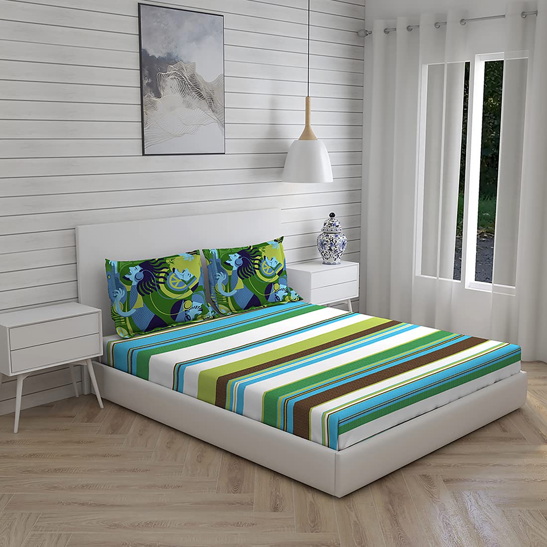 BOUTIQUE LIVING Color Sense Light Weight & Durable Bedsheet Set for Double Bed | 1 Wrinkle Resistant Double Bed Sheet & 2 Pillow Covers | White Size - 87 x 95 | Ethnic Print, White