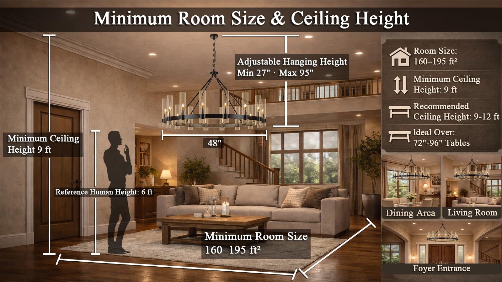 48 Inch Black Wagon Wheel Chandelier Review: 16-Light Farmhouse Dining Centerpie 2 48 Inch Black Wagon Wheel Chandelier with Glass Shade, 16 Lights, Modern Farmhouse Style, Ideal for Dining Room, Kitchen, Entryways - Detailed View