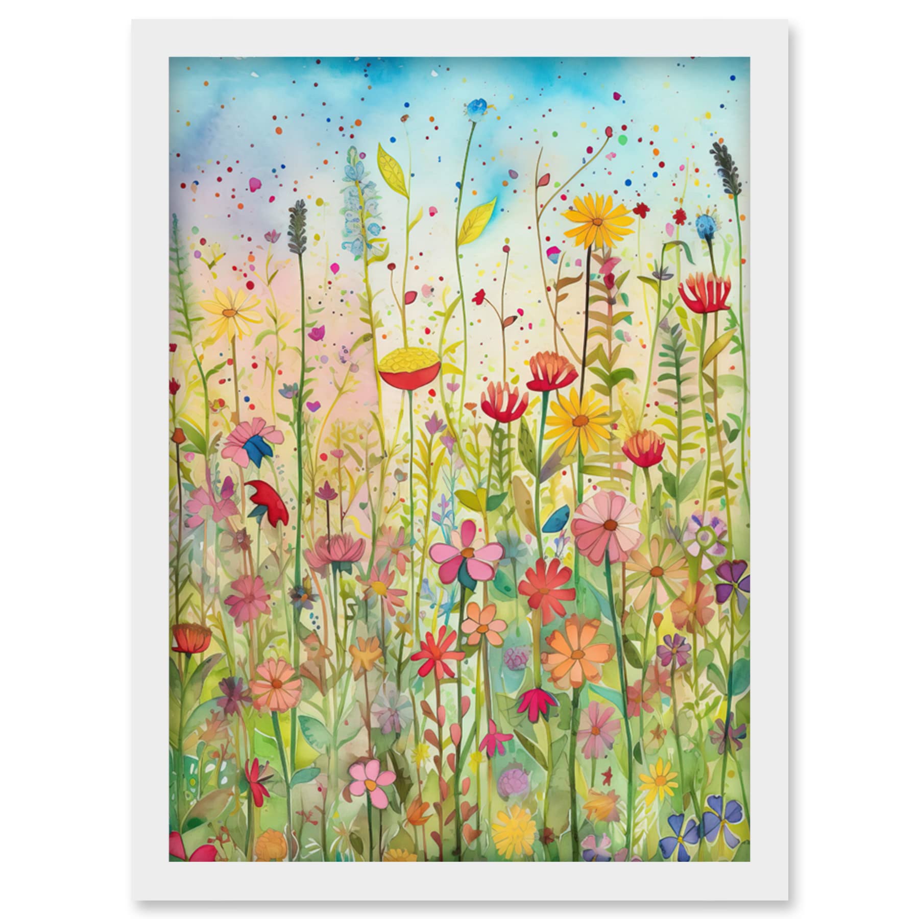 Artery8 Summer Wild Flower Blossom Meadow Folk Art Artwork Framed Wall Art Print A4