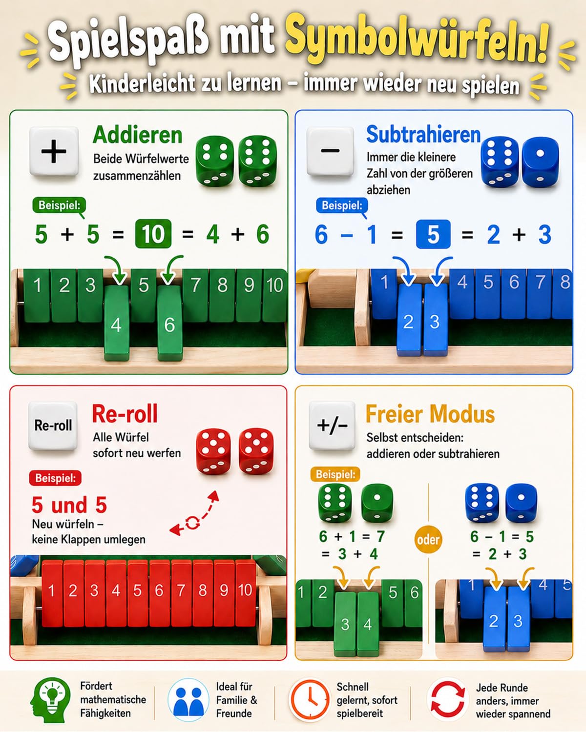 Verbesserte 30CM Shut The Box Spiel – Schnelles, unterhaltsames Lern- und Zahlenspiel aus Holz mit 2 Symbolwürfeln, Für 1–4 Spieler, Ideal für Familienabende, Schule, Partys und Senioren