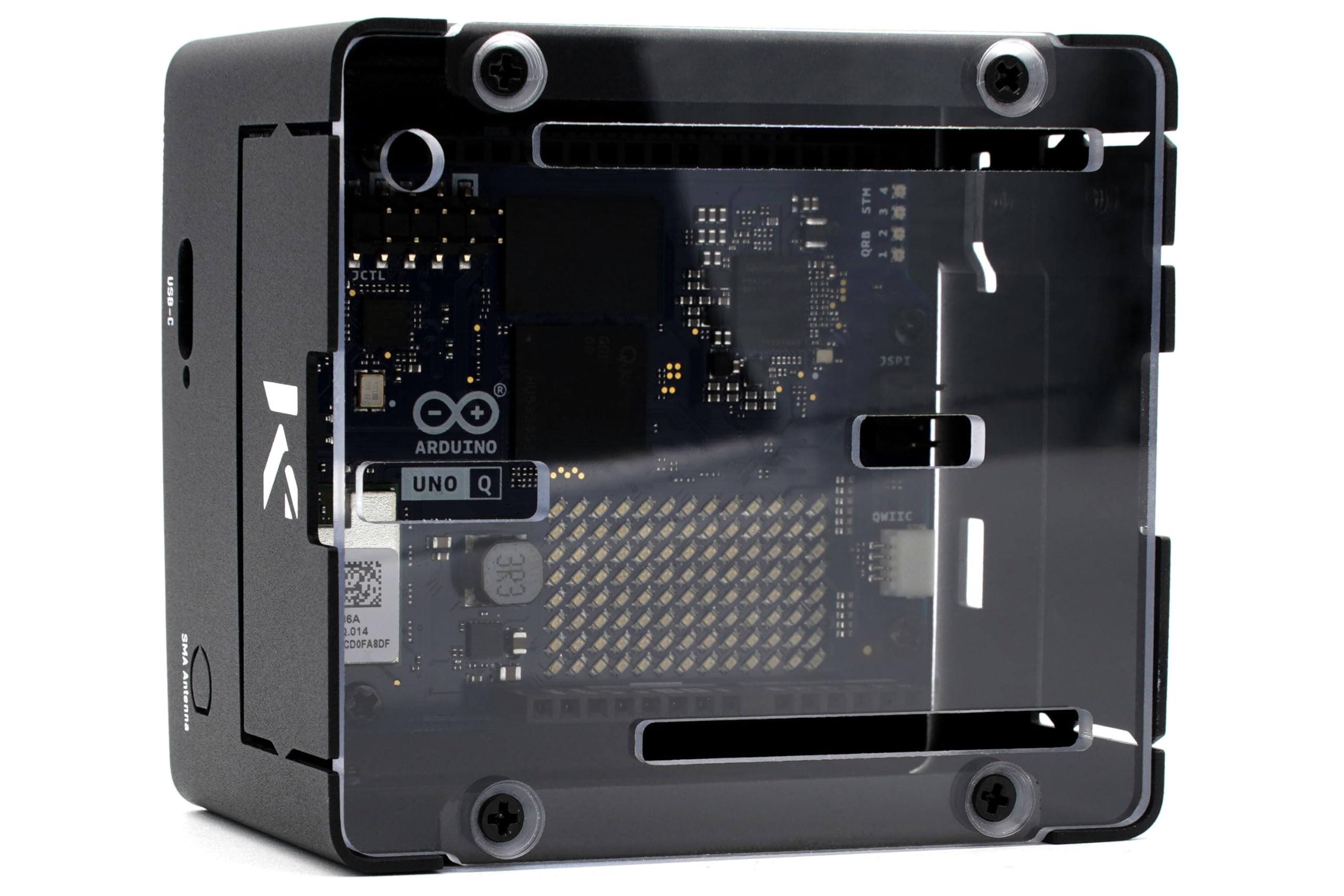 KKSB Custodia per Arduino Uno Q – Custodia alta in alluminio e acciaio con coperchio in policarbonato trasparente