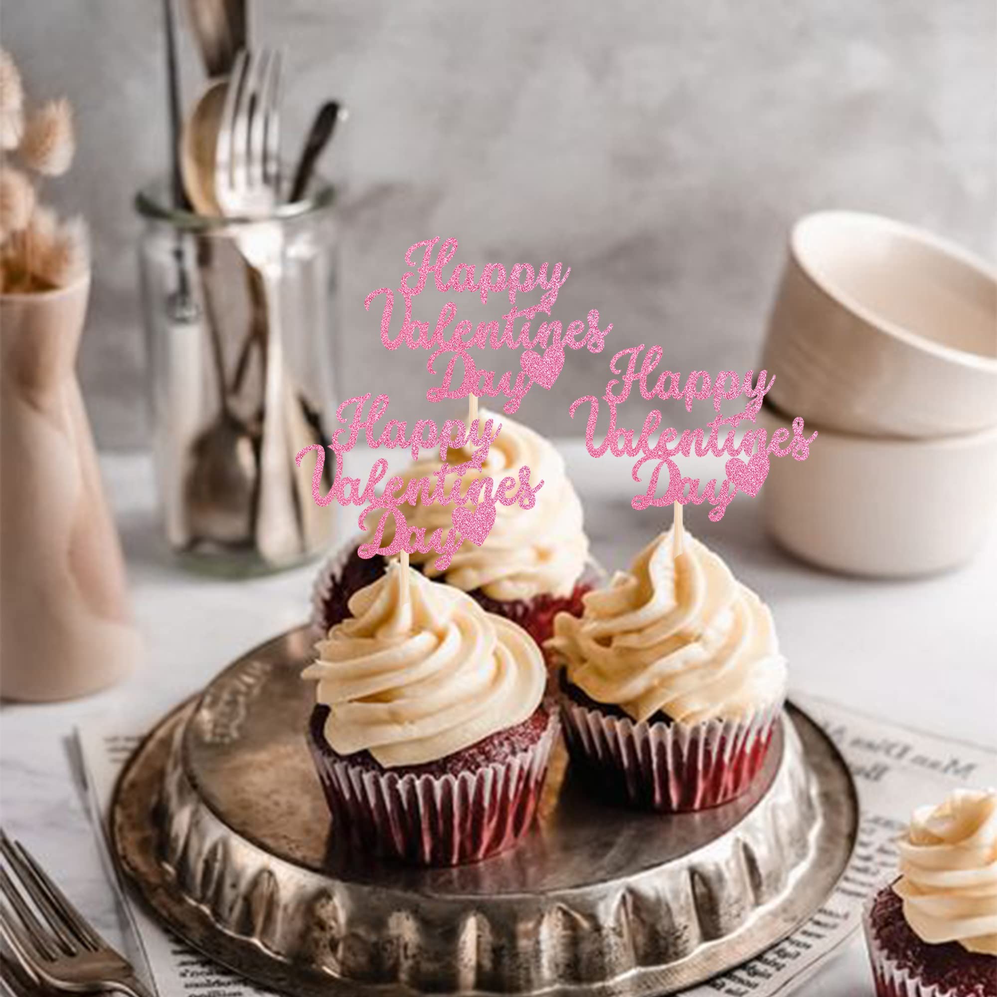 24 pezzi Valentine's Day Cupcake Toppers Glitter Be Mine XOXO Love You Muffin Decorazione San Valentino Tema Nozze Doccia Compleanno Festa Torte Accessori Rosso