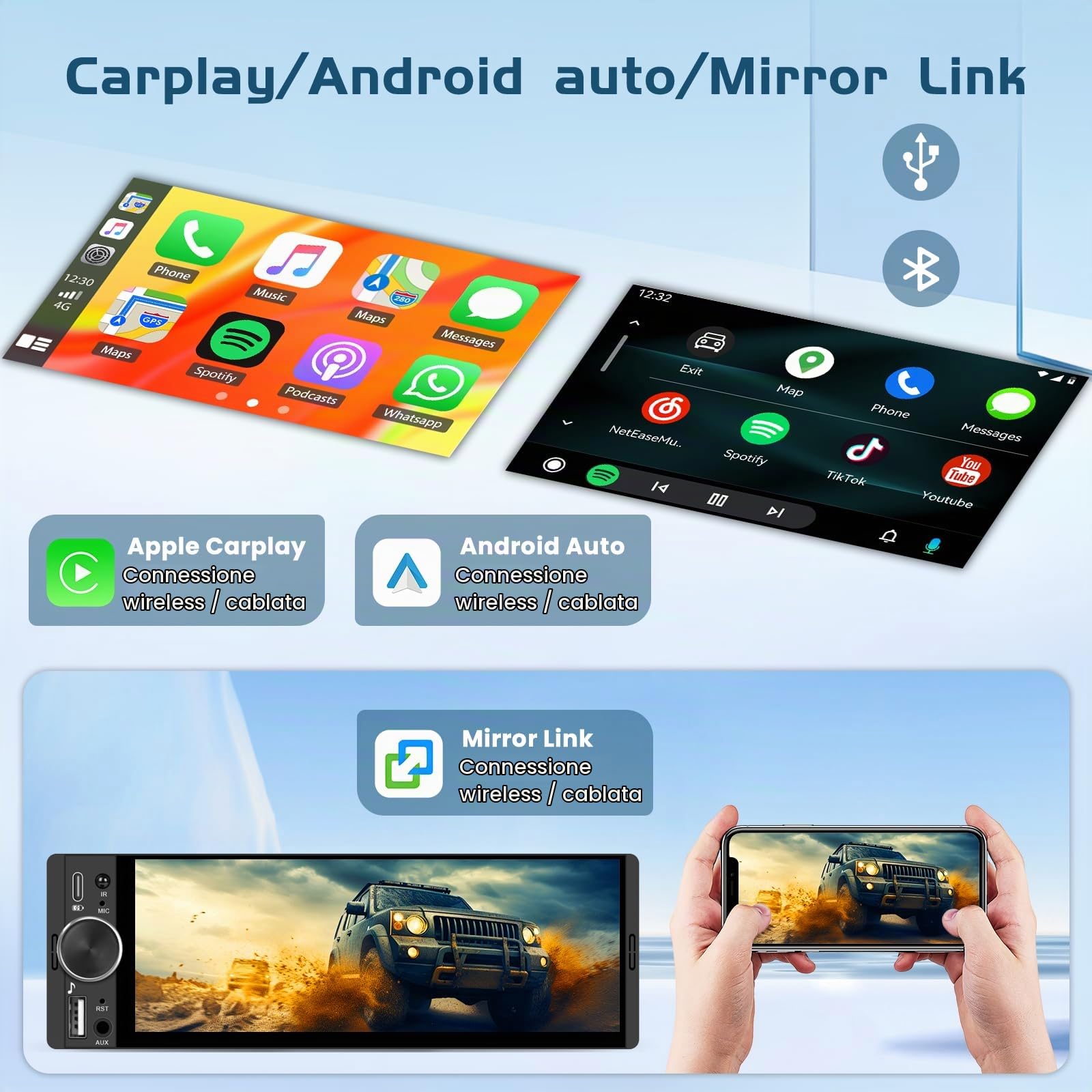 Autoradio 1 DIN con Carplay Wireless & Android Auto, Roinvou con Schermo 6.28" - Telecamera Retro, FM, Bluetooth, EQ, Vivavoce, Aux/USB/Type-C, Comandi al Volante, Mirror Link