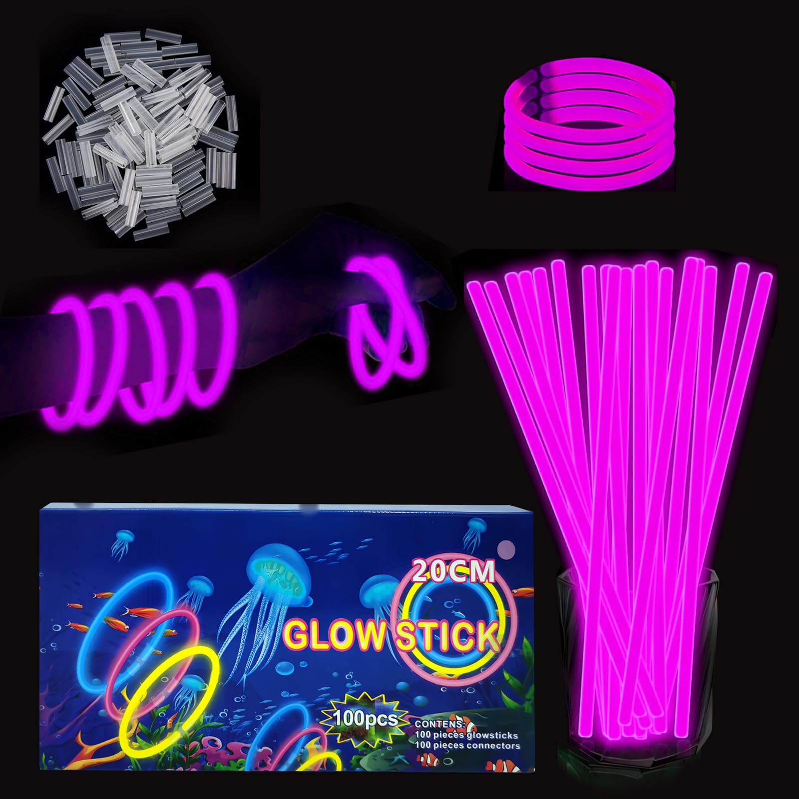 YAAVAAW 100Pcs Pink Glow Sticks Party Packs,Glow in the Dark Party Supplies,Children Glow Stick Necklaces Bracelets,20cm Glowsticks Bulk for Kids Adults Halloween Christmas Easter Party Bag Fillers — image 1
