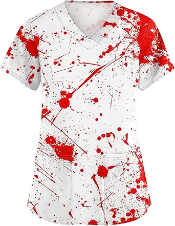OIOLOYJM Halloween Christmas Scrub Tops Women Print V Neck Short Sleeve Plus Size Scrubs for Womens Shirts with Pockets