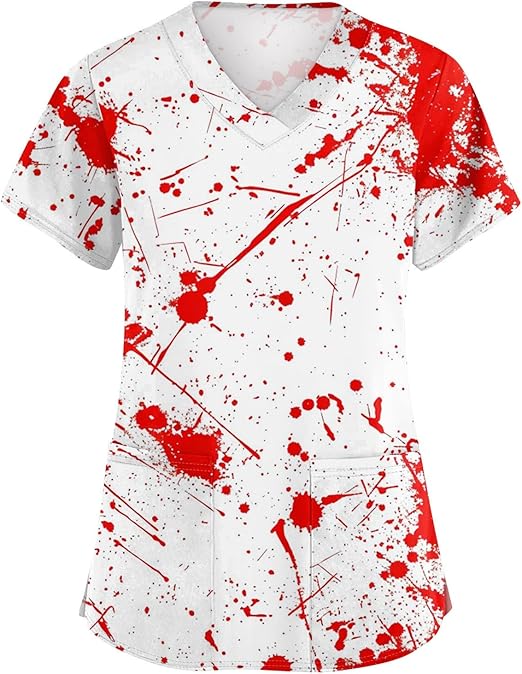 OIOLOYJM Halloween Christmas Scrub Tops Women Print V Neck Short Sleeve Plus Size Scrubs for Womens Shirts with Pockets