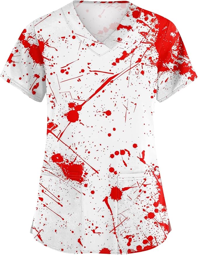 OIOLOYJM Halloween Christmas Scrub Tops Women Print V Neck Short Sleeve Plus Size Scrubs for Womens Shirts with Pockets