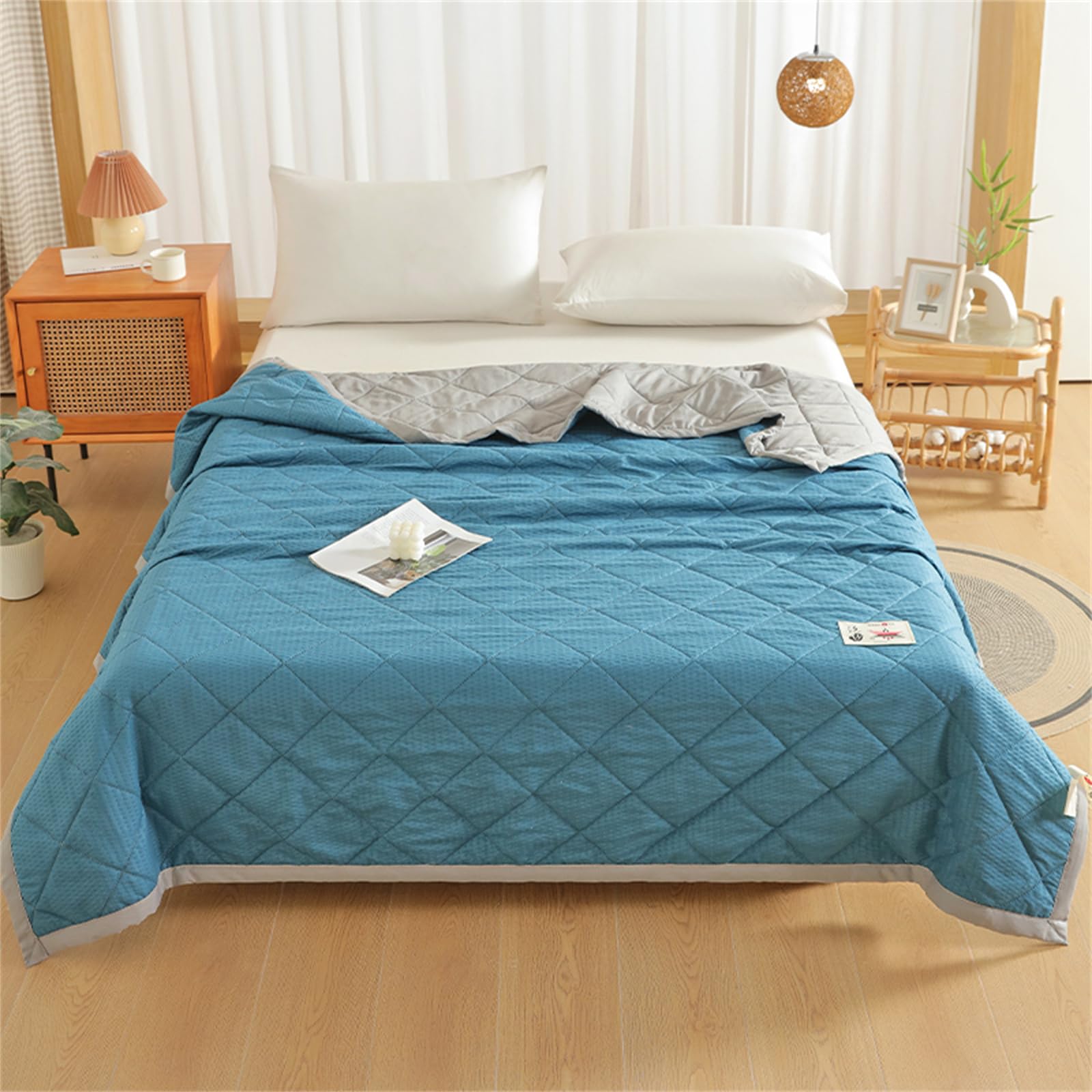 Odot Coverless Duvet 3.5 Tog Single Double King Size, Seersucker Summer Quilted Duvet Cosy and Lightweight Quilt Breathable Bedspreads Quilted Throw for Beds (Blue Gray,150 * 200cm)