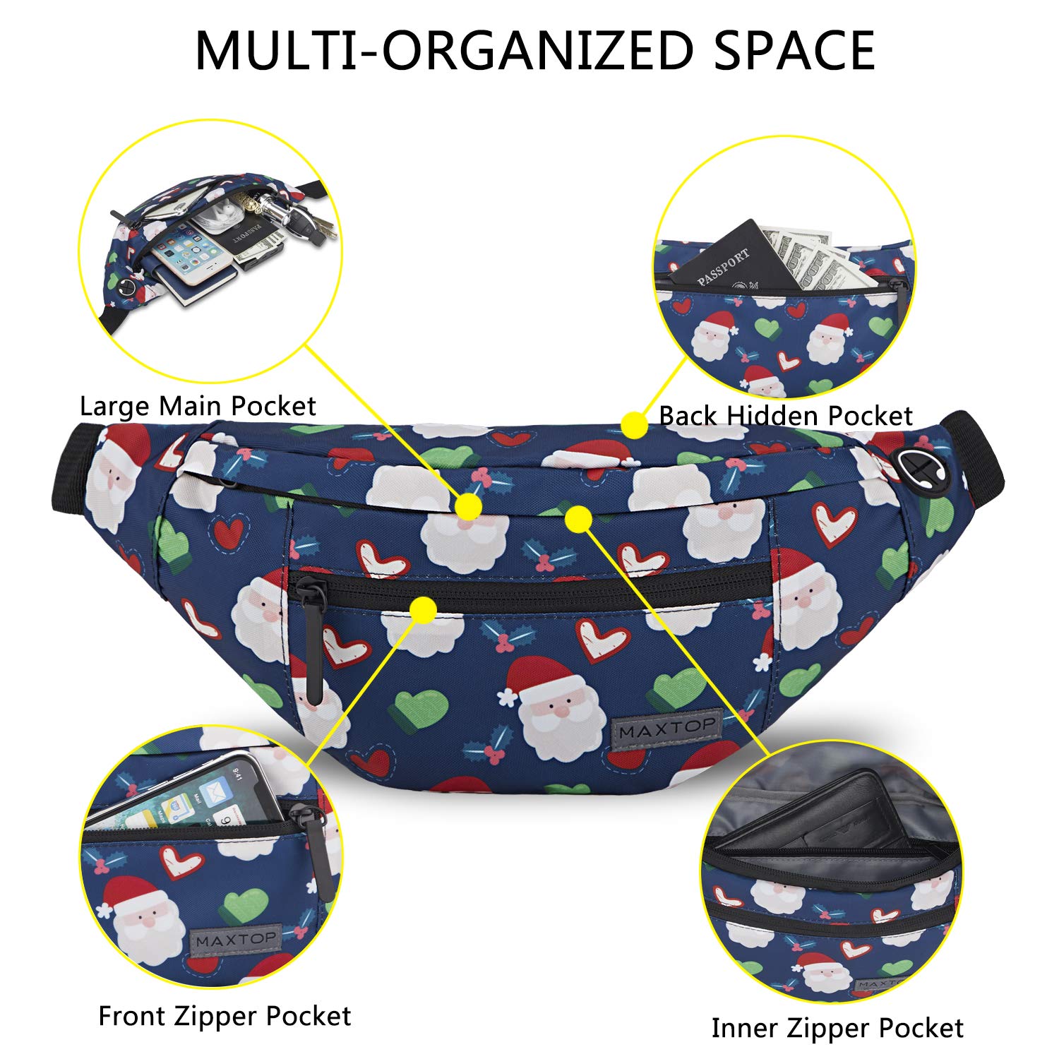 MAXTOP Marsupio Uomo Donna Unisex, Marsupio Impermeabile, con Jack per Cuffie e 4 Tasche con Cerniera, Cintura Regolabile per Allenamento all'aperto, Escursionismo