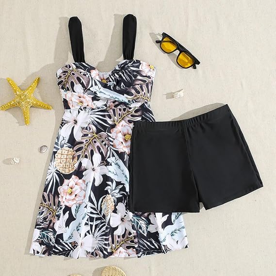 YHNNH 2025 Women's V-Neck Swimsuit, Women's Botanical Print V-Neck and Tankini Set, Two-Piece Swimsuit