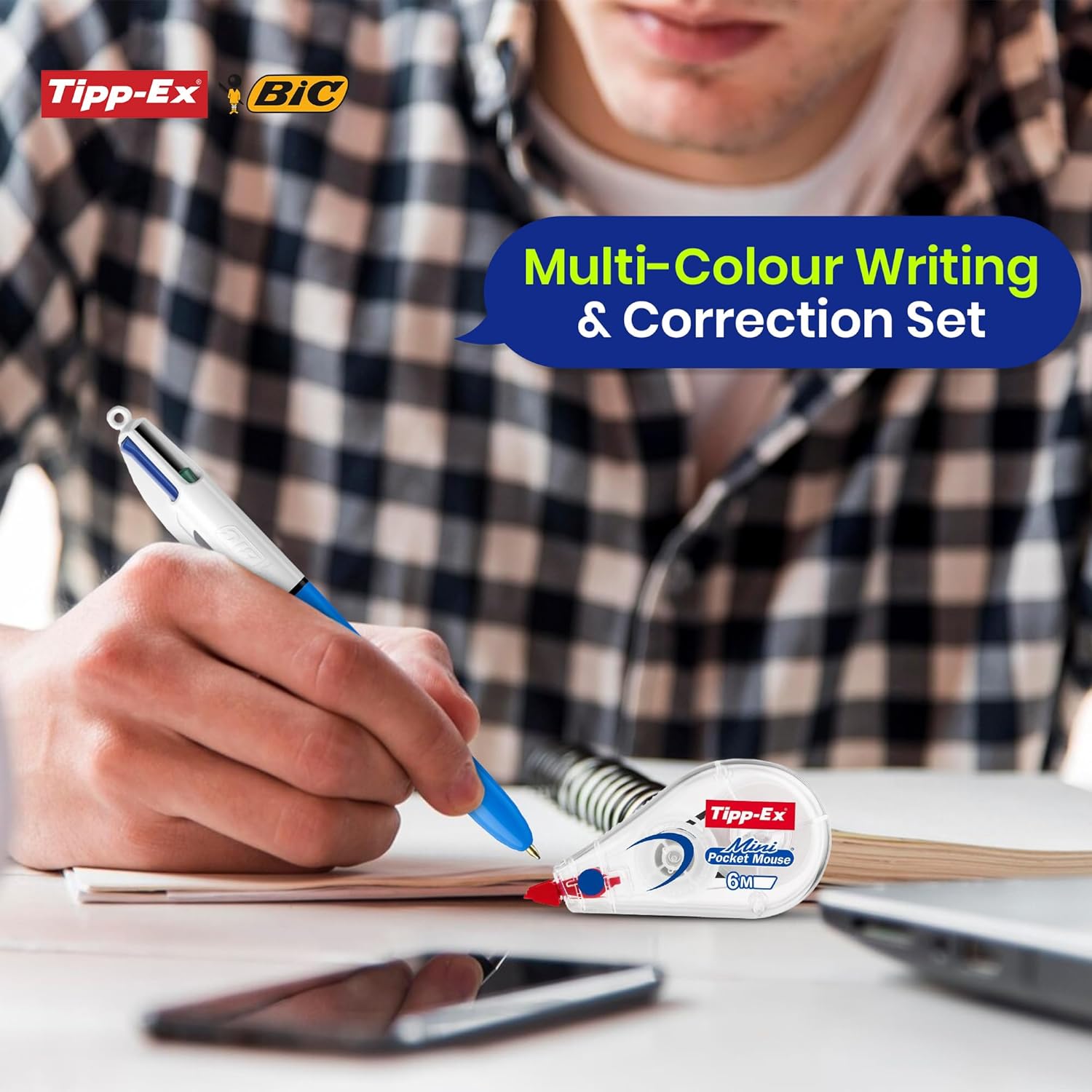 BIC 4 Colours Original Pens Pack of 12 with Blue, Red, Green, Black Ink & Tipp-Ex Mini Pocket Correction Tapes Pack of 3, Durable and Compact Bundle for Writing, Editing, and Daily Tasks