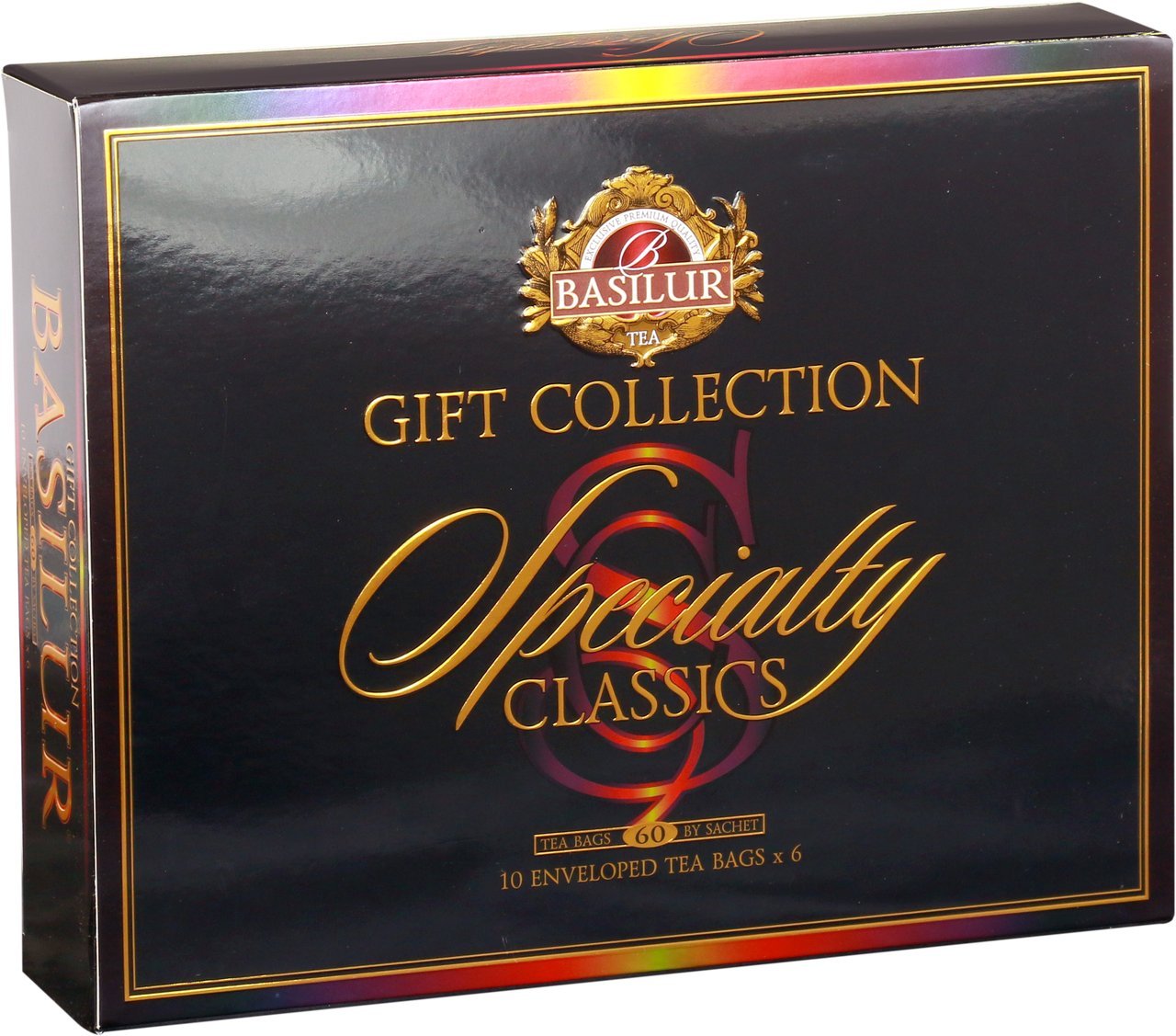 Basilur 60 Pc Specialty Classics Gift Box | Non GMO | English Breakfast | English Afternoon | Ceylon Orange Pekoe | Darjeeling Tea | Earl Grey | Sencha Green | 240 Tea Sachets total | Pack of 4