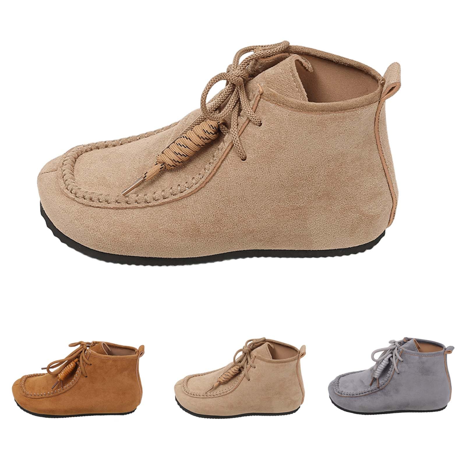 Flat boots for Women Faux Suede Lace Up Ankle Boots Wide Round Toe Retro Style Street Footwear Flat