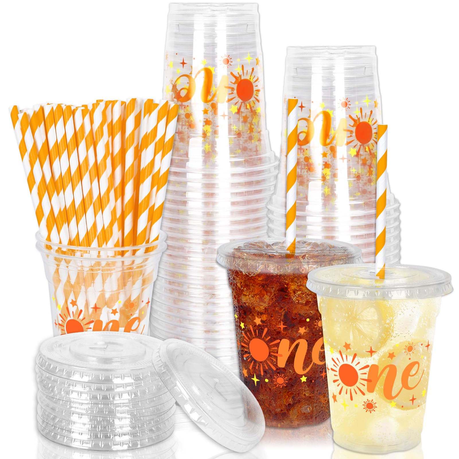Photo 1 of Whaline 50 Pcs One Sun Disposable Plastic Cups with Lids and Straws 12 Oz Boho Sunshine Cold Beverage Drinking Cups for First Birthday Baby Shower Party Supplies