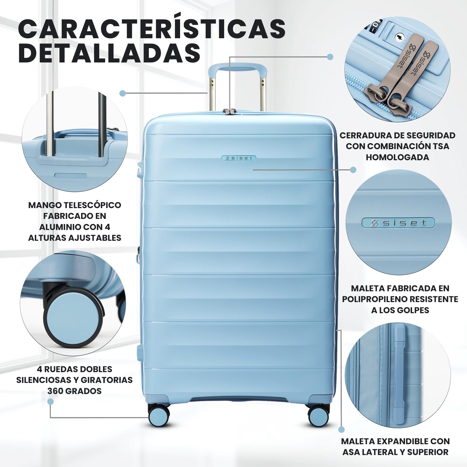 Urban Wave Maleta de Viaje Grande (23Kg) Expandible (78x50x30/35cm), Fabricada en Polipropileno, 4 Ruedas Dobles y Cerradura Combinación TSA. (Grande XL), (127L), (4.4kg), (Azul Claro).