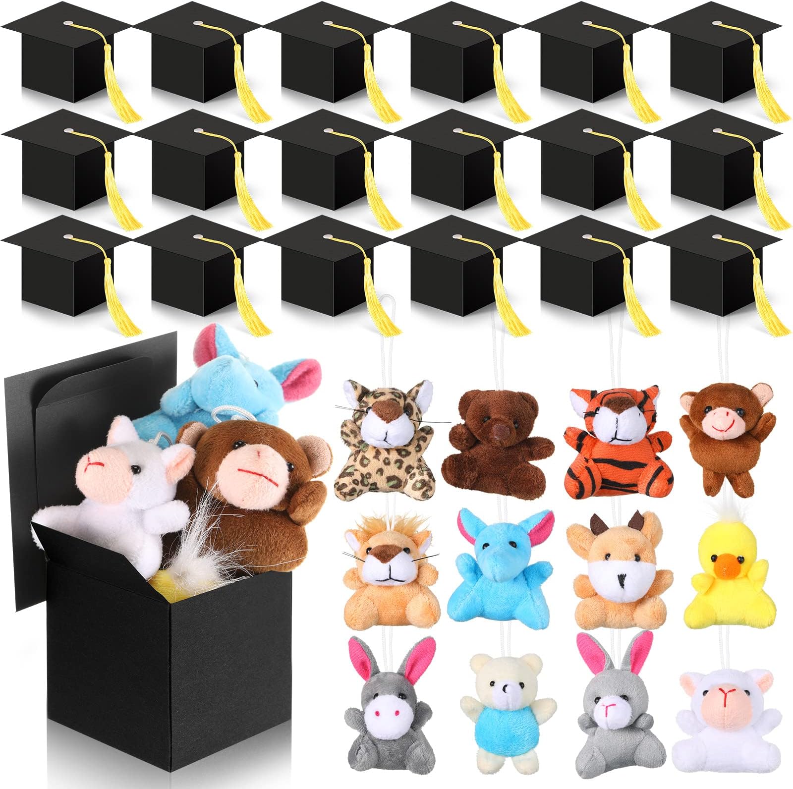 Preschool Graduation Gift Set Graduation Candy Box and Mini Plush Animals Toys Graduation Cap Gift Boxes with Gold Tassel Cute Animal Keychain for Teacher Student Classroom Graduation Party (48 Pcs)