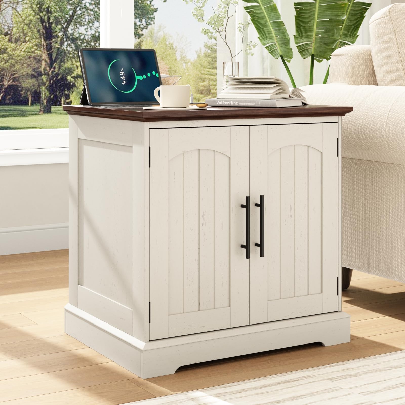 Rustic End Table with Charging Station, 24" Large Sofa Side Table with 2 Arched Doors, Farmhouse Wood Square Nightstand Bedside Tables with Adjustable Storage Shelf for Living Room, Bedroom