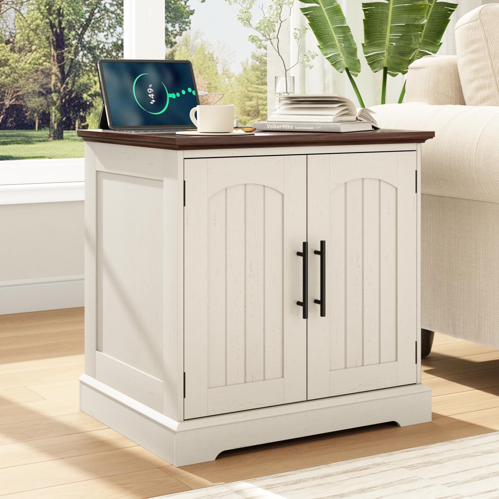 Rustic End Table with Charging Station, 24" Large Sofa Side Table with 2 Arched Doors, Farmhouse Wood Square Nightstand Bedside Tables with Adjustable Storage Shelf for Living Room, Bedroom