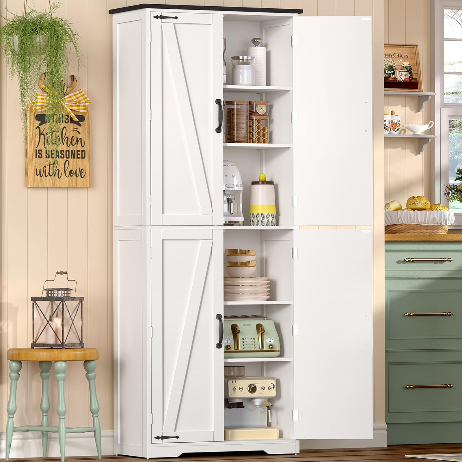 TEENFON 170 cm Küchenschrank 4 Scheunentüren, Mehrzweckschrank Hoch mit 2 Feste Regale & 2 Verstellbare Regale, Vorratsschrank für Küche, Esszimmer, Wohnzimmer, Badezimmer - 60x30x170 cm - Weiß