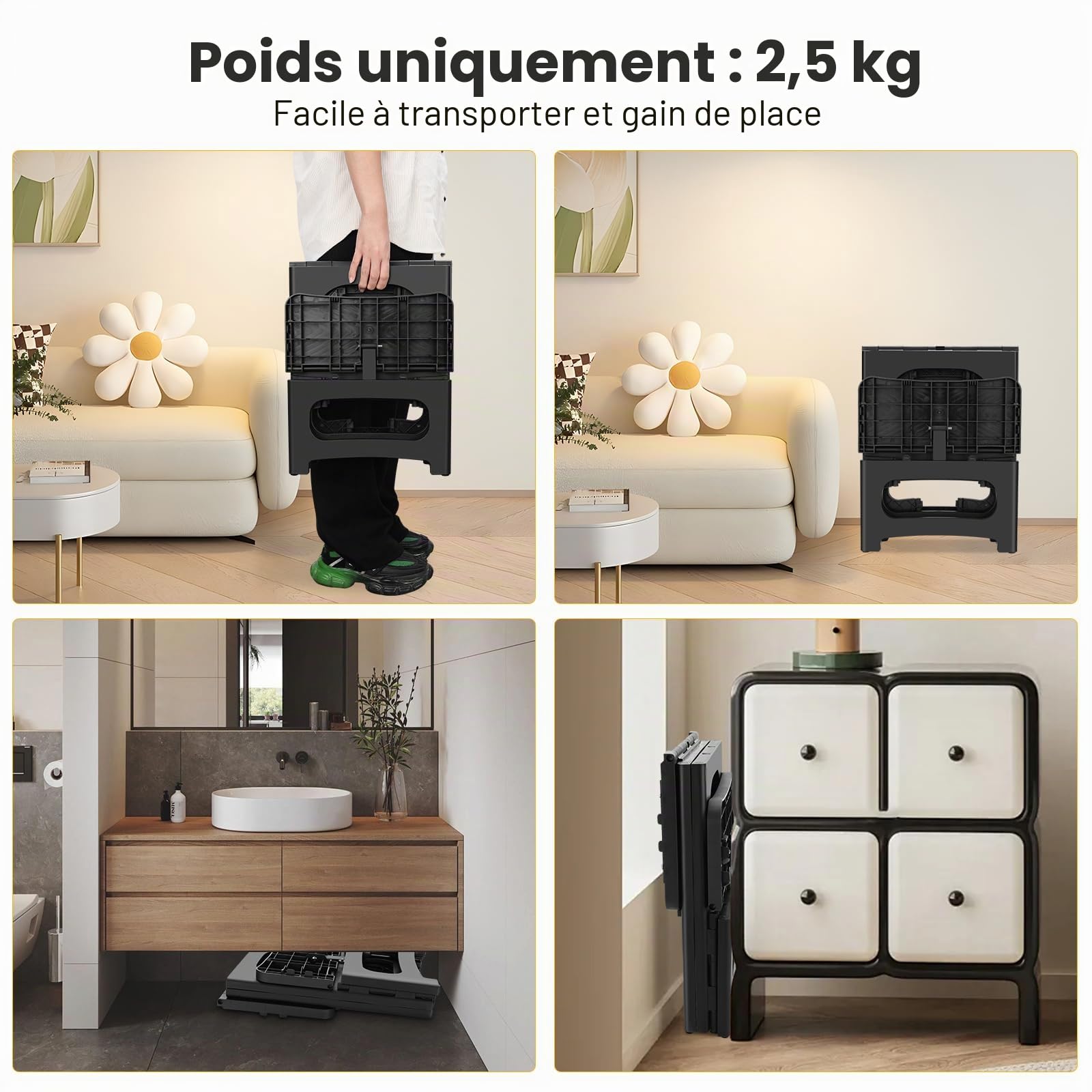 Tabouret pliable à 2 marches pour adultes, repose-pieds pliable antidérapant pour enfants et tout-petits, tabouret de chevet portable, peut supporter jusqu'à 136 kg, escabeau léger et pliable pour