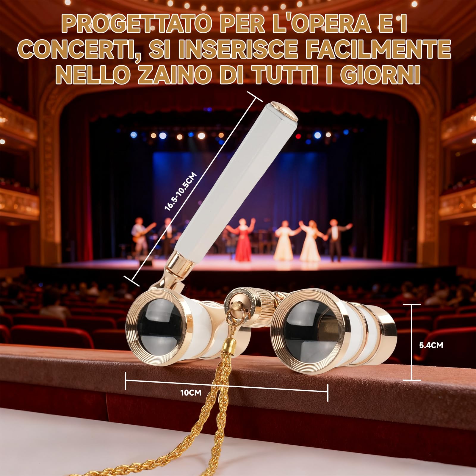 Binocolo da Teatro 3x25 Bianco - Vintage Portatile con Manico e Catena, per Opera, Concerti e Regali