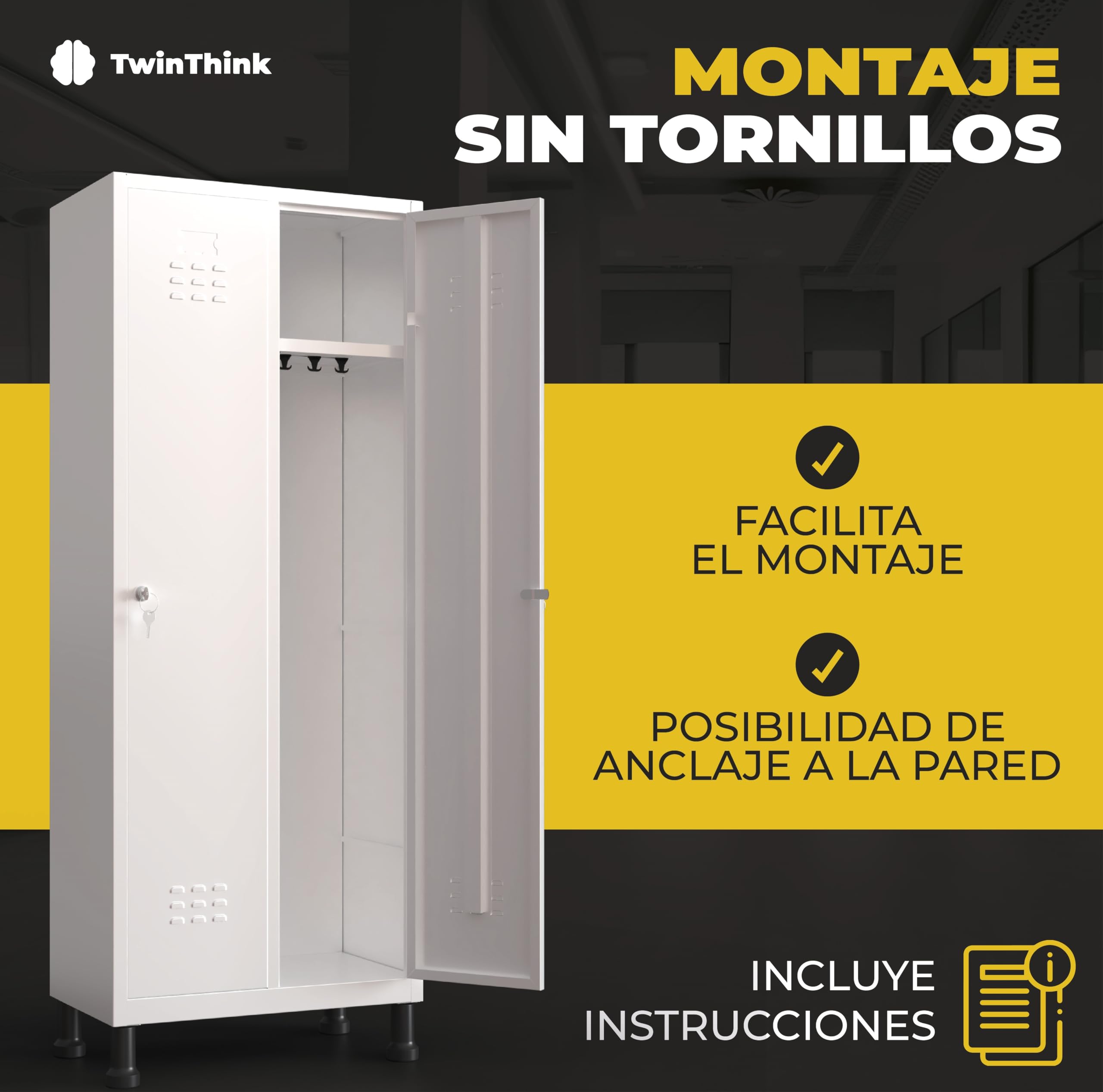 Armadietto Spogliatoio Metallico TwinThink 180x65x40 Cm - 2 Ante Con Chiave, Bianco/Nero - Foto 12