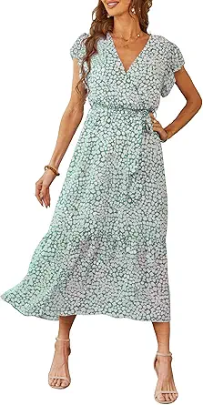 PRETTYGARDEN Women's Summer Floral Boho Maxi Dress Wrap Short Sleeve V Neck Ruffle A-Line Flowy Wedding Guest Long Dresses