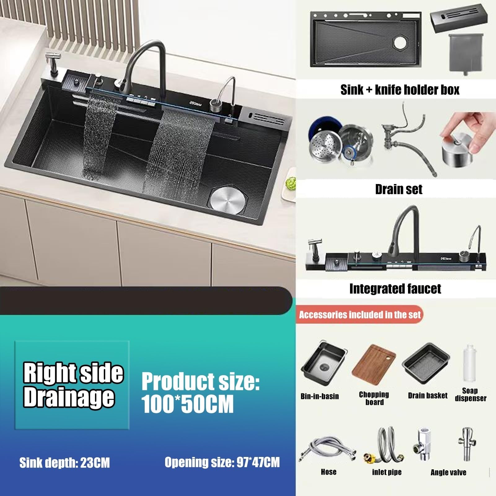 Fregadero de Cocina de 100 x 50 cm con Dos cascadas y Pistola pulverizadora de Alta presión, Fregadero de Cocina con Pantalla Digital, Fregadero de Acero Inoxidable con Caja portac