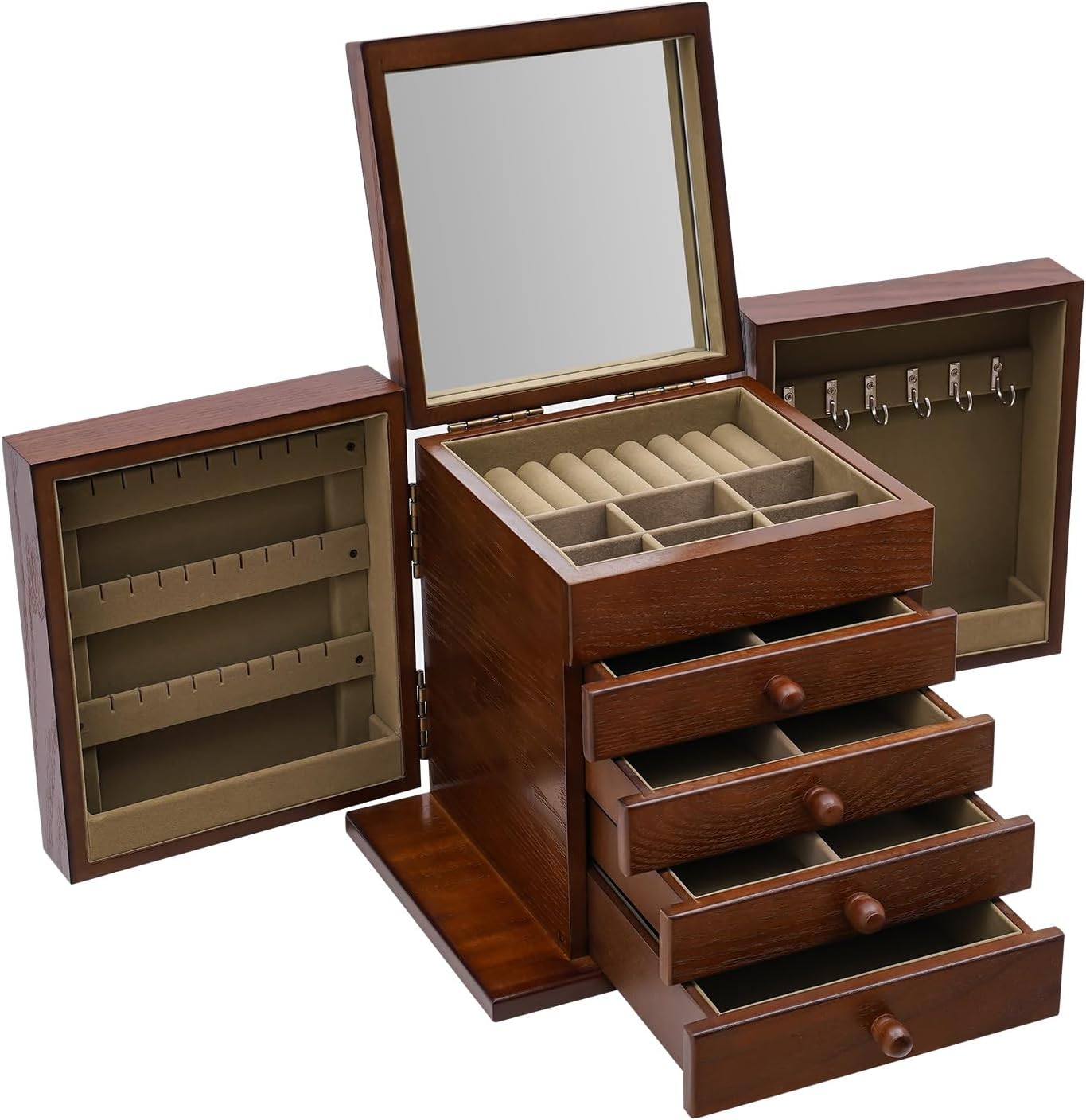 Jewery Box, 5 Layers Case Vintage Large Jewelry Organizer ,Multi-Functional Vintage Mdf Storage Box with Mirror & 4 Drawers, Rings Earrings Bracelets Accessories Holder,Tabletop Mount Wooden Storage