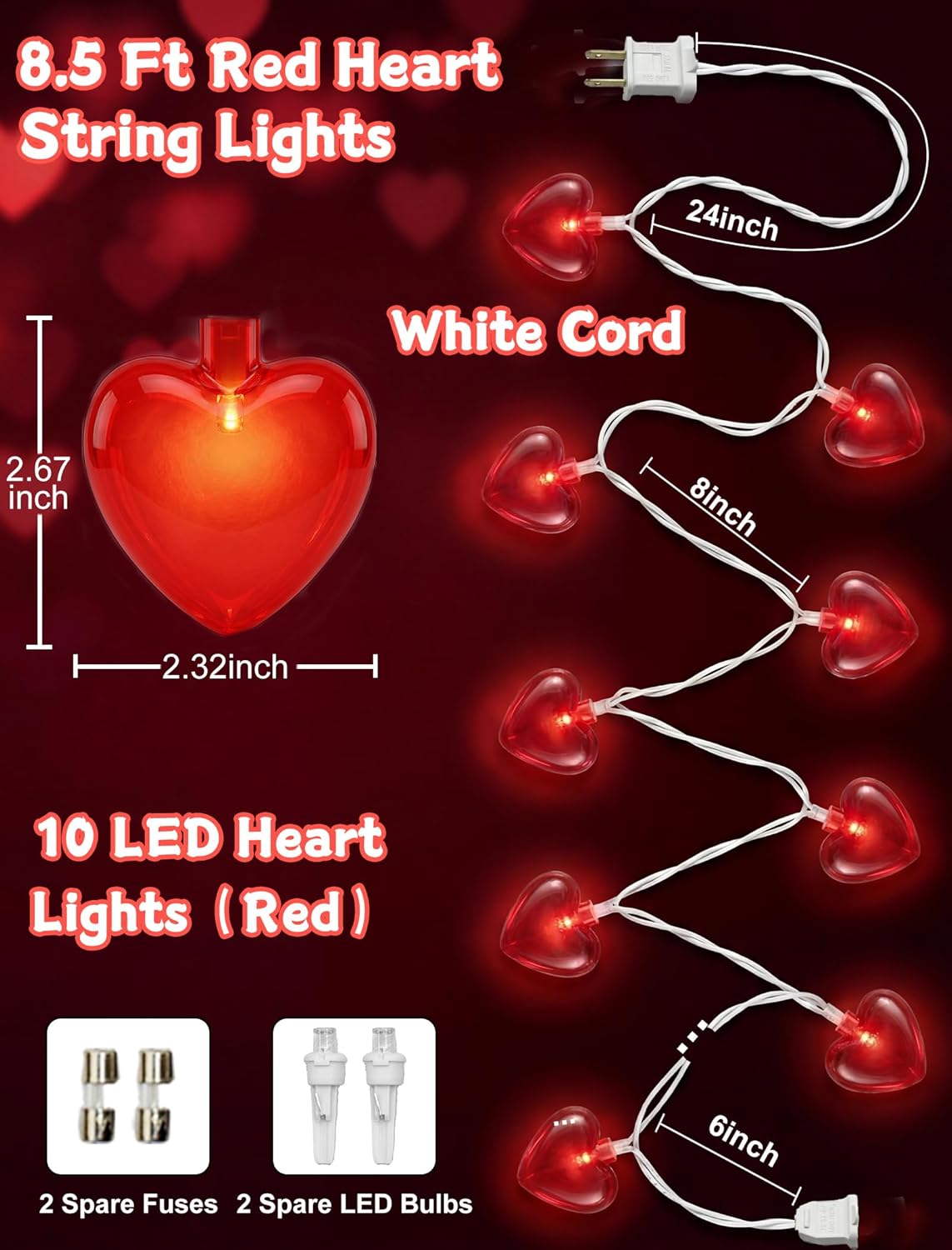 8.5Ft Heart String Lights, Valentines Day Decorations Lights with 10 Red Heart Lights, Plug in Fairy Heart Shape String Lights for Window Wedding Anniversary Bedroom Party Valentine's Day Decorations - Image 2