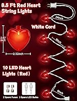 Vista 2 de Guirnalda de luces de corazón de 8.5 pies, luces de decoración del día de San Valentín con 10 luces de corazón rojas, tira de luces