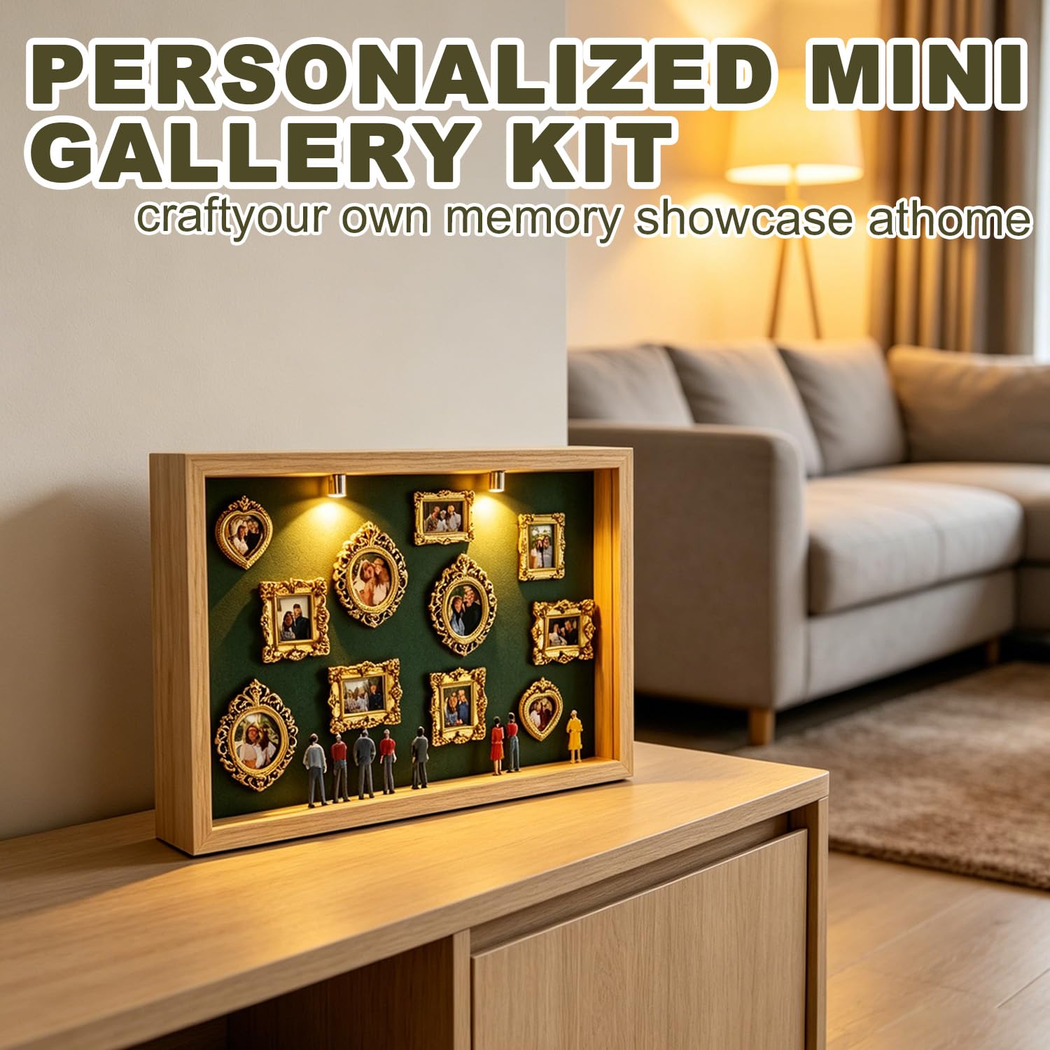 Mini Museum Silhouette Box, Neu Kreatives Bilderrahmen DIY mit LED Licht, Erinnerungsdisplay Kit mit 11 Mini Goldene Rahmen 8 Zufällige Figuren Set, Jahrestag Geschenke Ideen (Naturholzrahmen, grün)