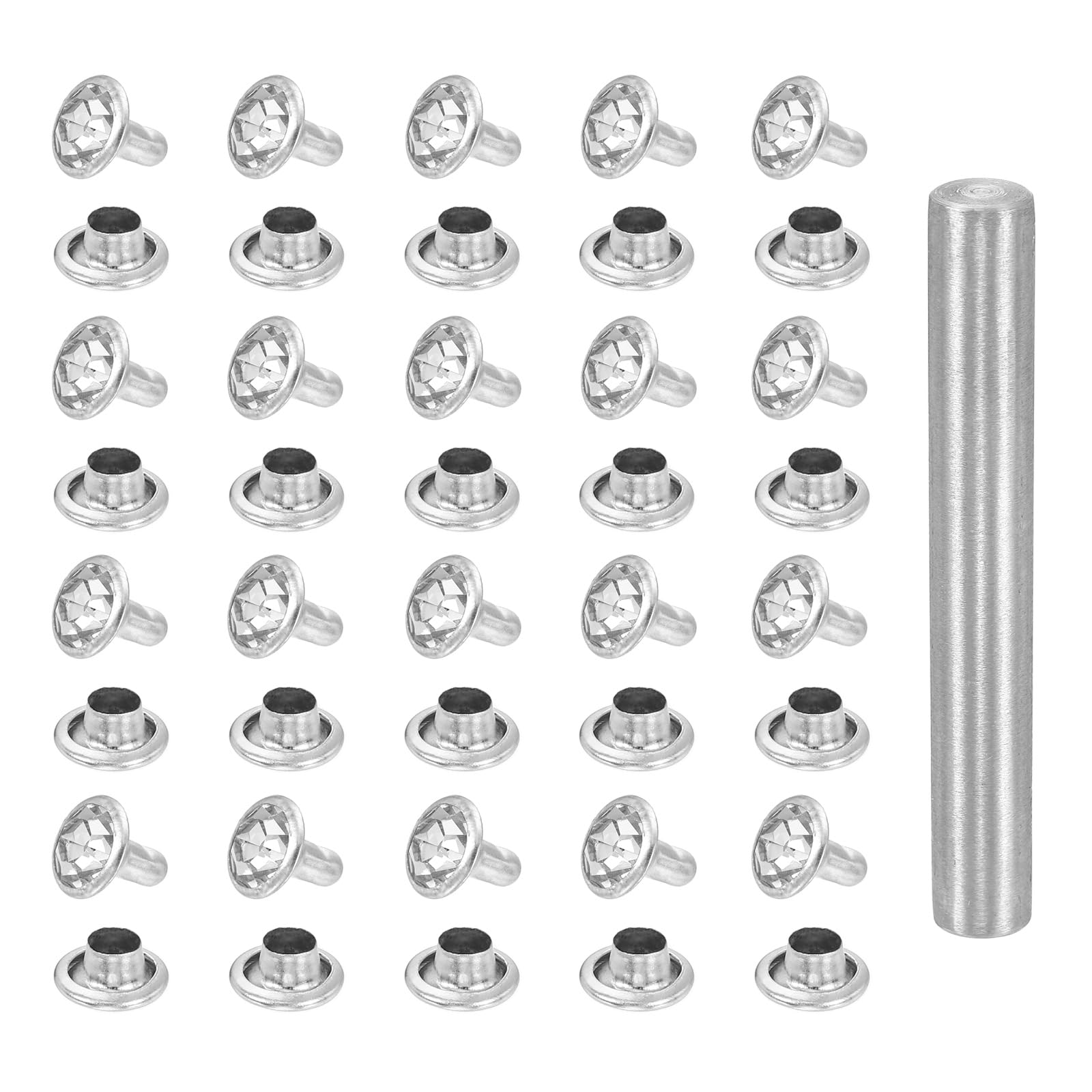 sourcing map 100pcs Crystal Rivets 7mm Rhinestone Rapid Stud Rivets with Steel Installation Tool for Clothing Leather Fabric Arts Crafts Decoration Leathercraft DIY, Silver Clear โ image 1
