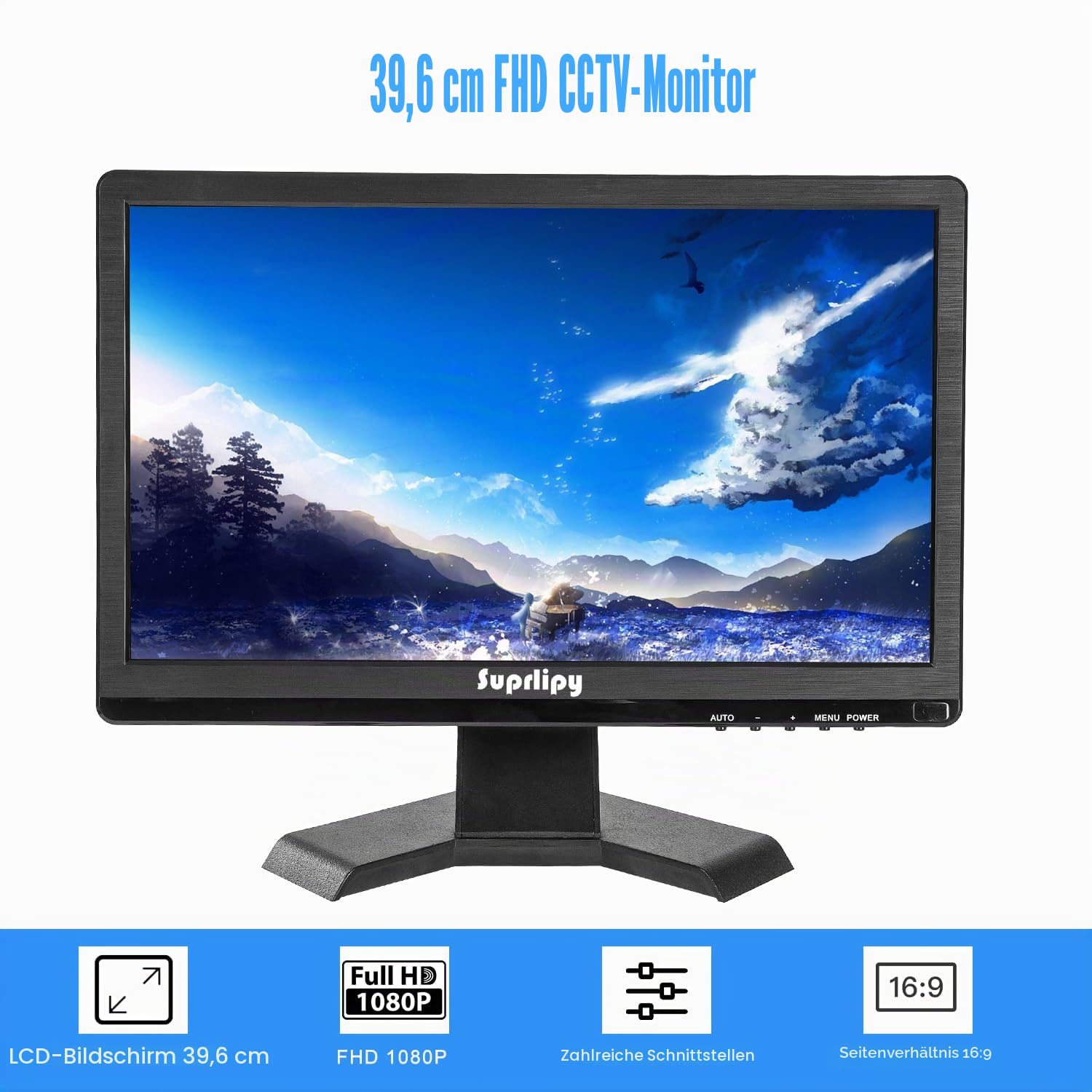 15,6 Zoll FHD Kleiner IPS-Monitor LCD-Bildschirm 1920x1080 60Hz 16:9 mit BNC VGA AV-Eingang Eingebaute Lautsprecher für CCTV-Überwachungskamera DVR PC RasPi