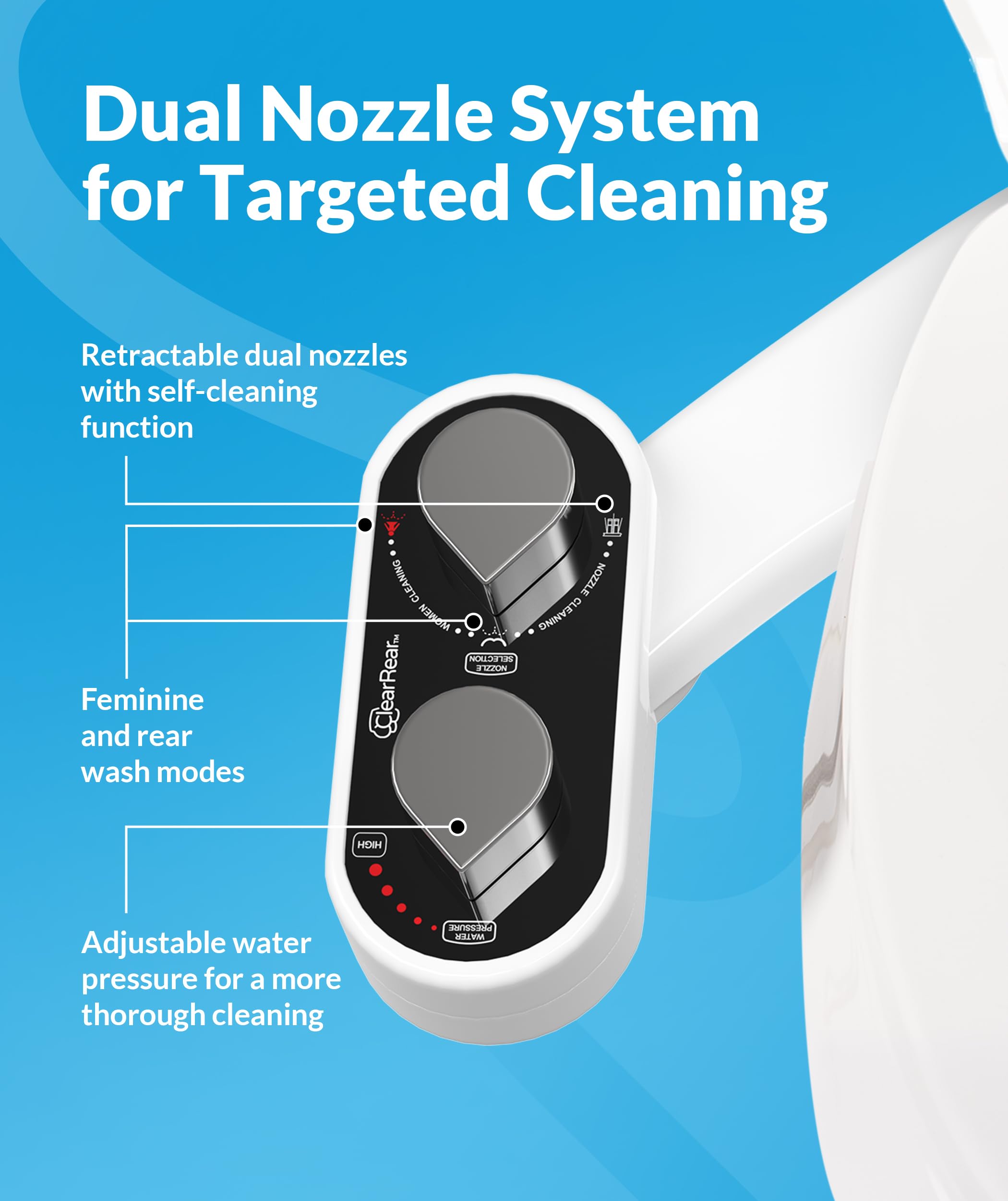 Clear Rear Bidet Attachment for Toilet – Toilet Bidet with Dual Self-Cleaning Nozzles, Adjustable Spray Pressure, Easy Installation, Hygienic Bathroom Accessory
