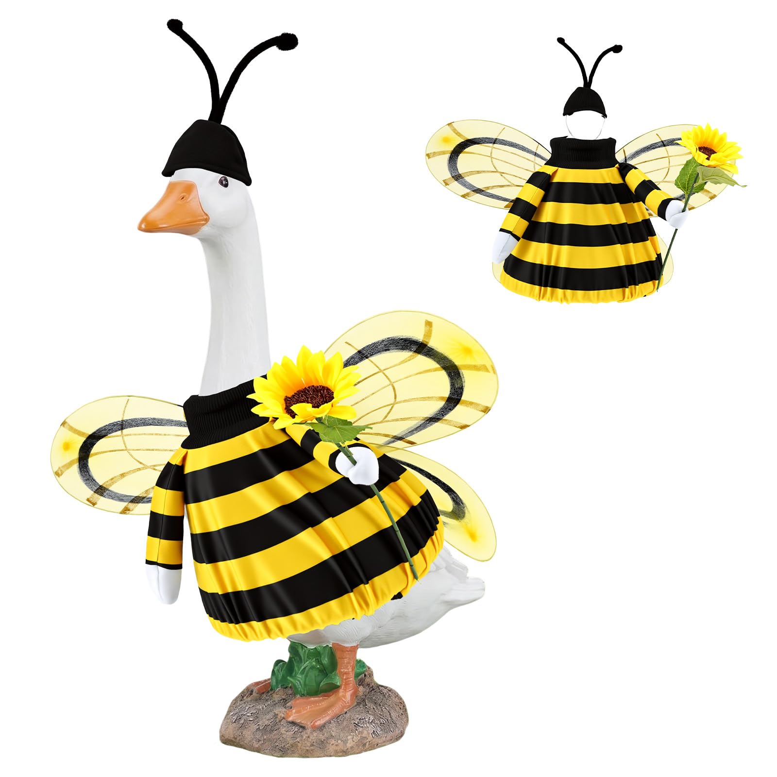 WAMEITF Porch Goose Outfi, Porch Goose Costume with Antenna Hats, Glitter Tulle Wings and Artificial Sunflower Bouquets, Garden Yard Decor for Lawn Cement Plastic Geese Statue(Yellow)