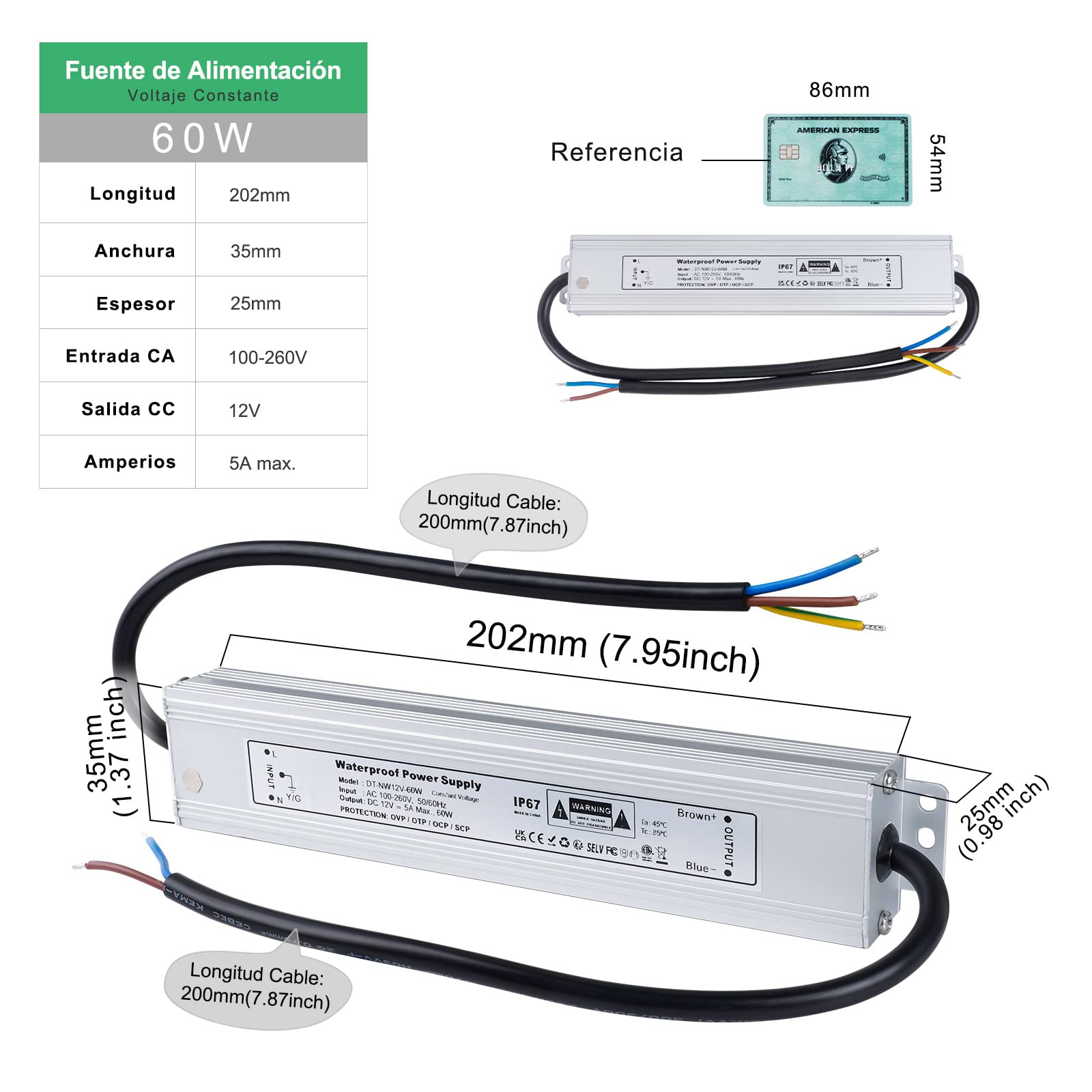 REYLAX 12V LED Driver 60W 5A, IP67 Impermeable Exterior Driver Para LED, Transformador 220V a 12V, Fuente de Alimentacion Voltaje Constante CA a CC, Controlador Alimentación de tira Led