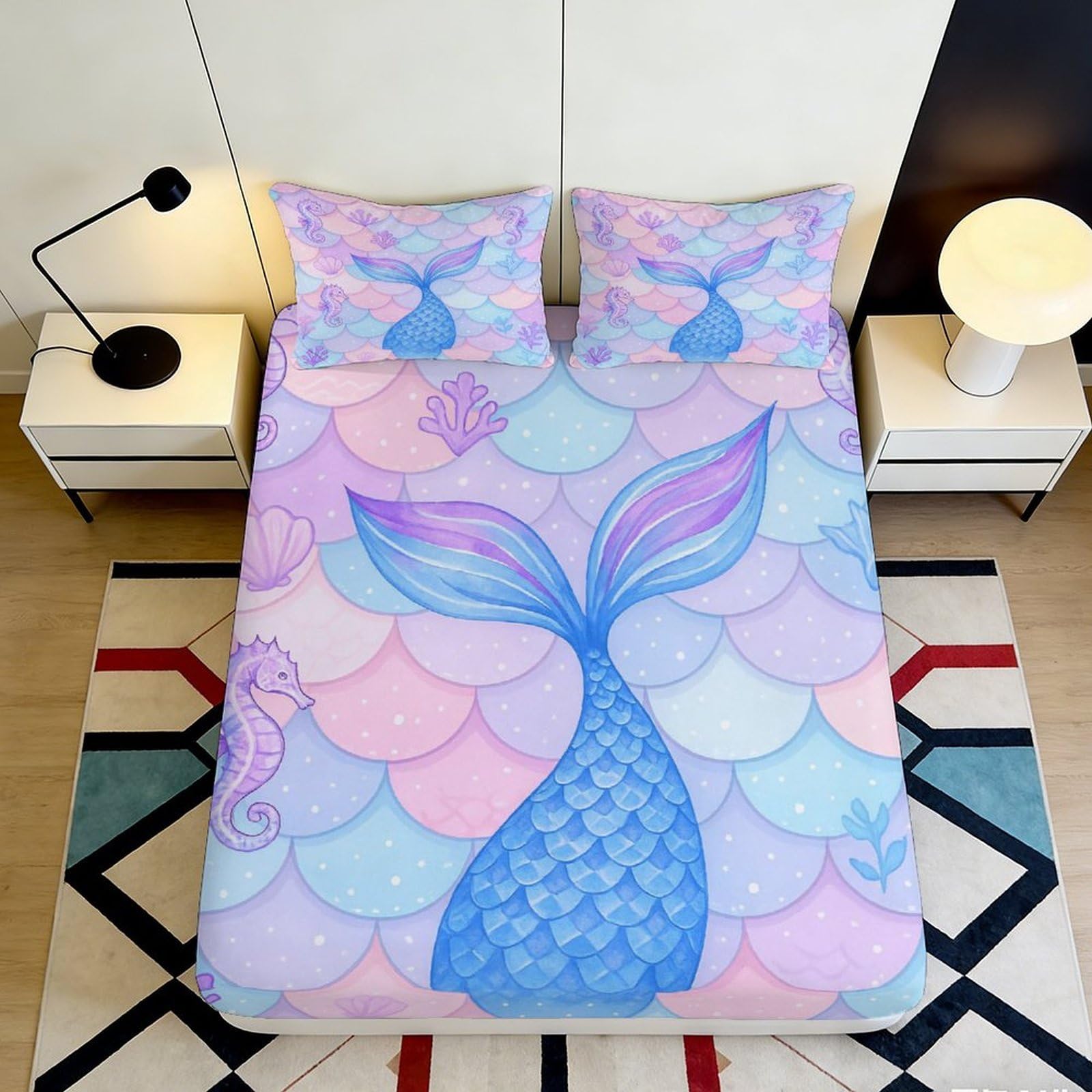 3D Printed Mermaid Tail Fitted Sheet Microfiber Pastel Scales Bed Cover Anti-Slip Washable Bedroom Decor for Home Guest Room 90x200x25cm