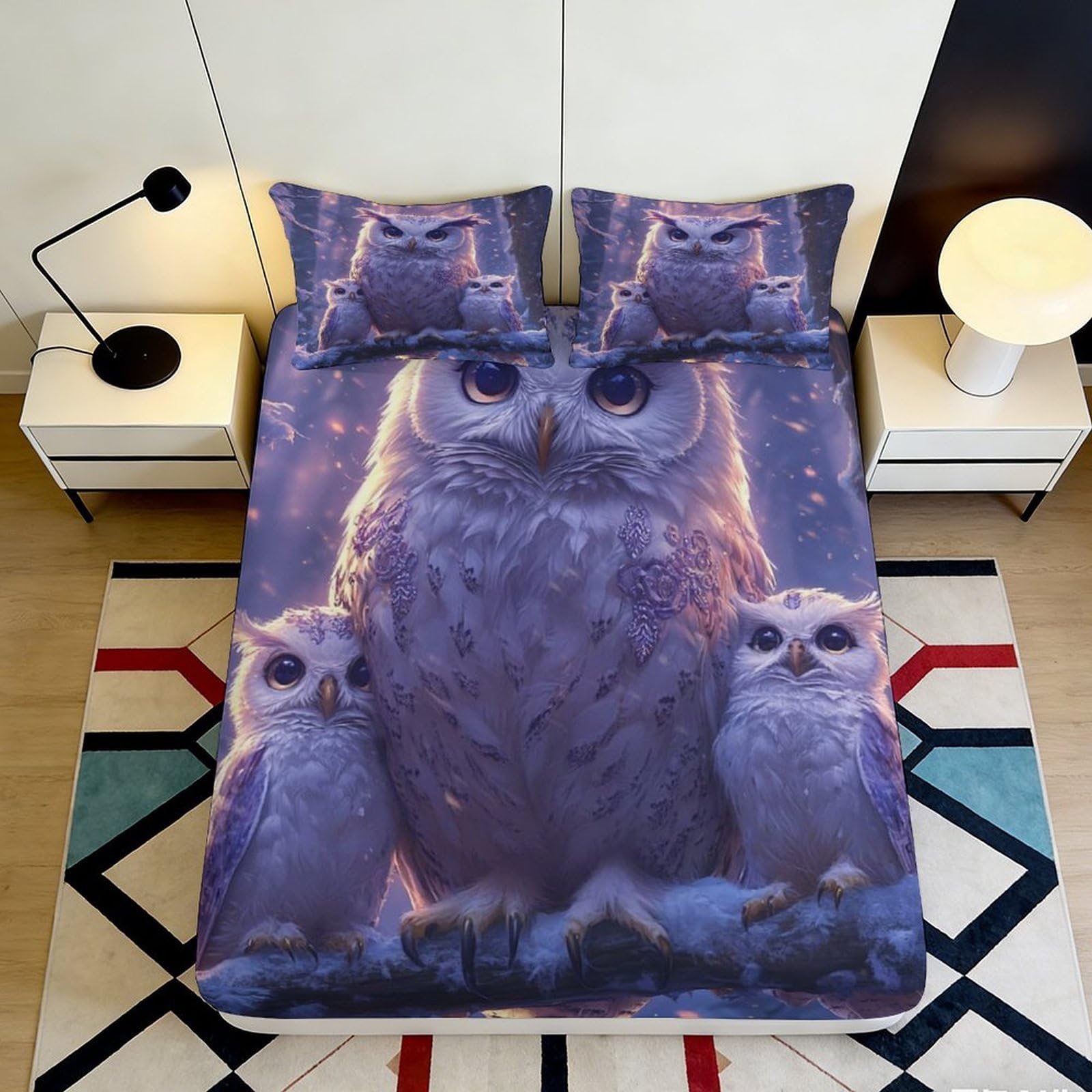 3D Printed White Owl Family Fitted Sheet Microfiber Soft Slip-Resistant Forest Night Mattress Cover Bedroom Decor 90x200x25cm
