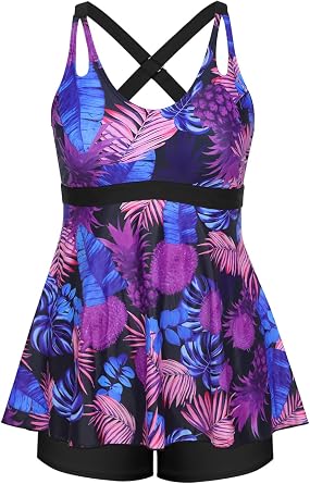 SHEKINI Womens 2 Piece Tankini Set Tummy Control Swimsuits with Boyshorts Cross-Back Bathing Suits Scallop Trim Swimwear